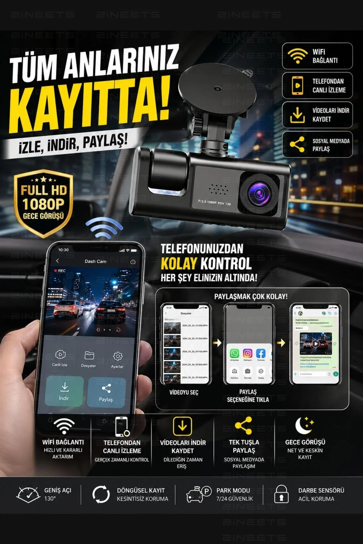 WiFi 1080p 3 Kameralı Araç İçi Kamera LCD Ekranlı Gece Görüşlü G Sensörlü Geniş Açılı