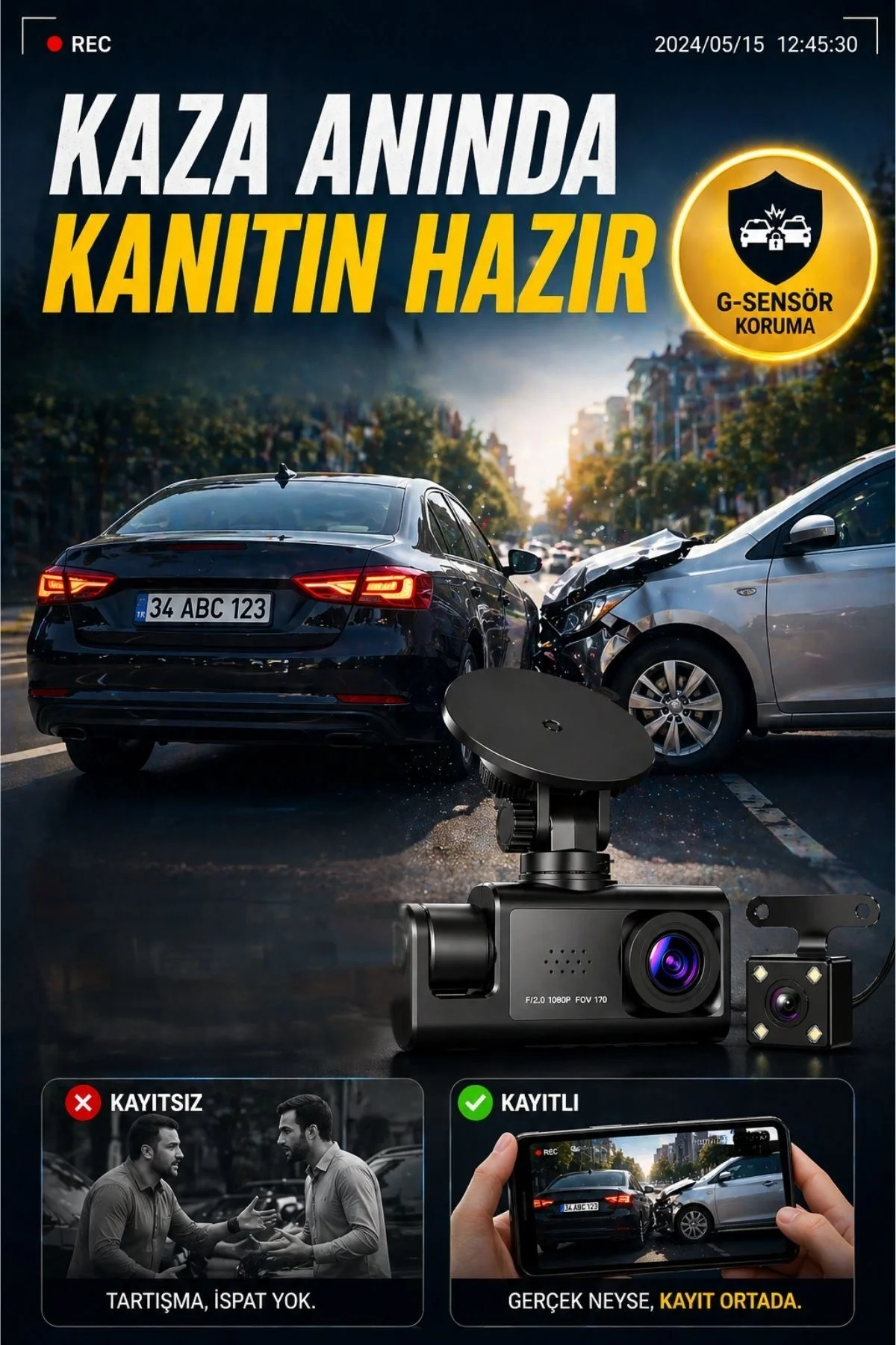 WiFi 1080p 3 Kameralı Araç İçi Kamera LCD Ekranlı Gece Görüşlü G Sensörlü Geniş Açılı