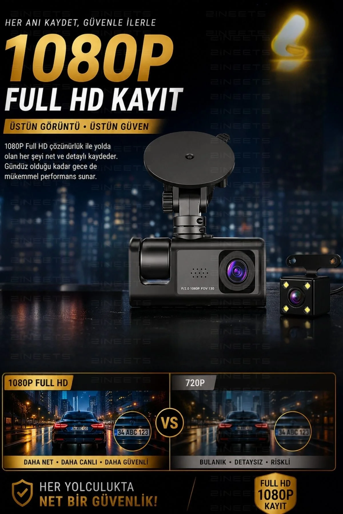 WiFi 1080p 3 Kameralı Araç İçi Kamera LCD Ekranlı Gece Görüşlü G Sensörlü Geniş Açılı