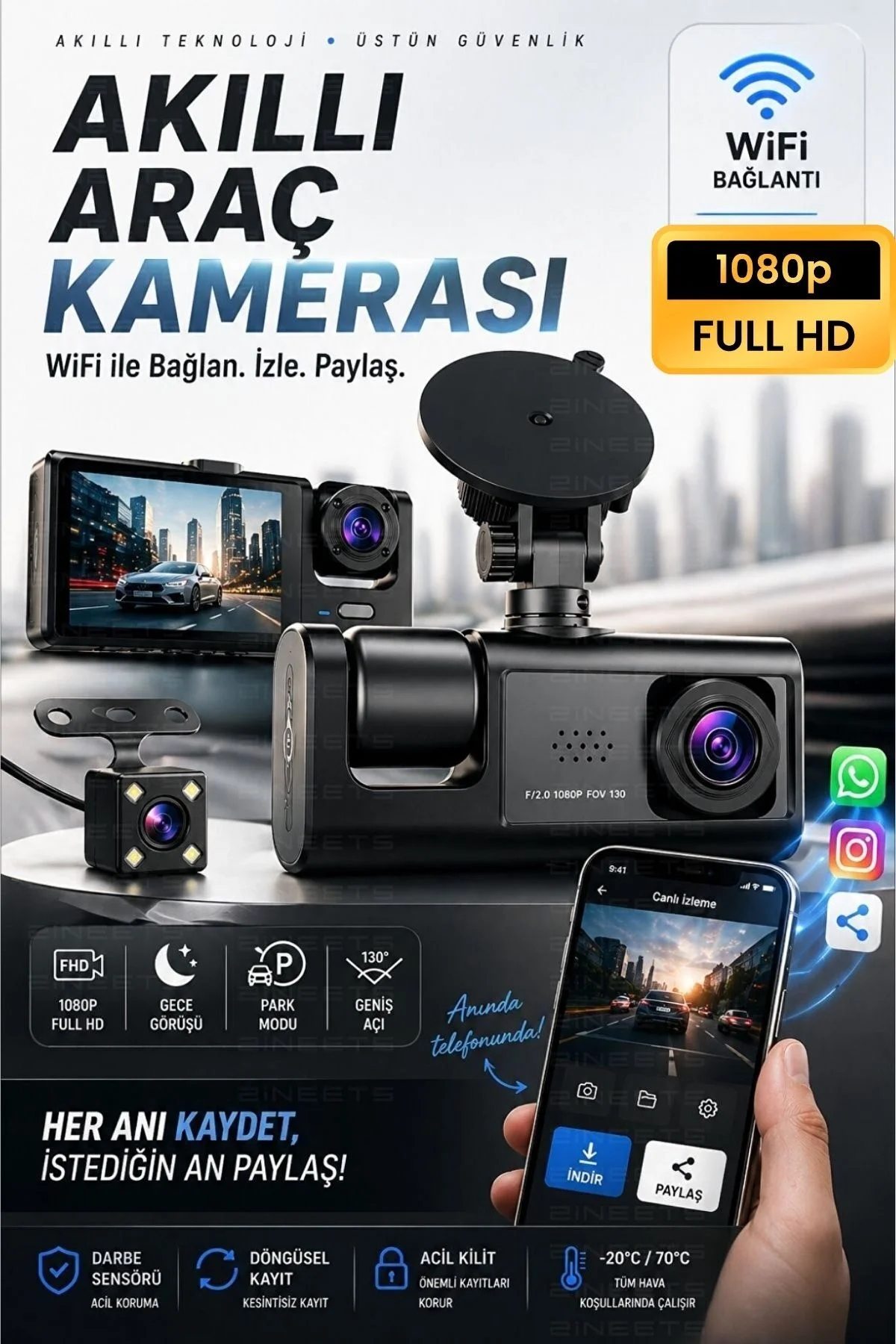 WiFi 1080p 3 Kameralı Araç İçi Kamera LCD Ekranlı Gece Görüşlü G Sensörlü Geniş Açılı
