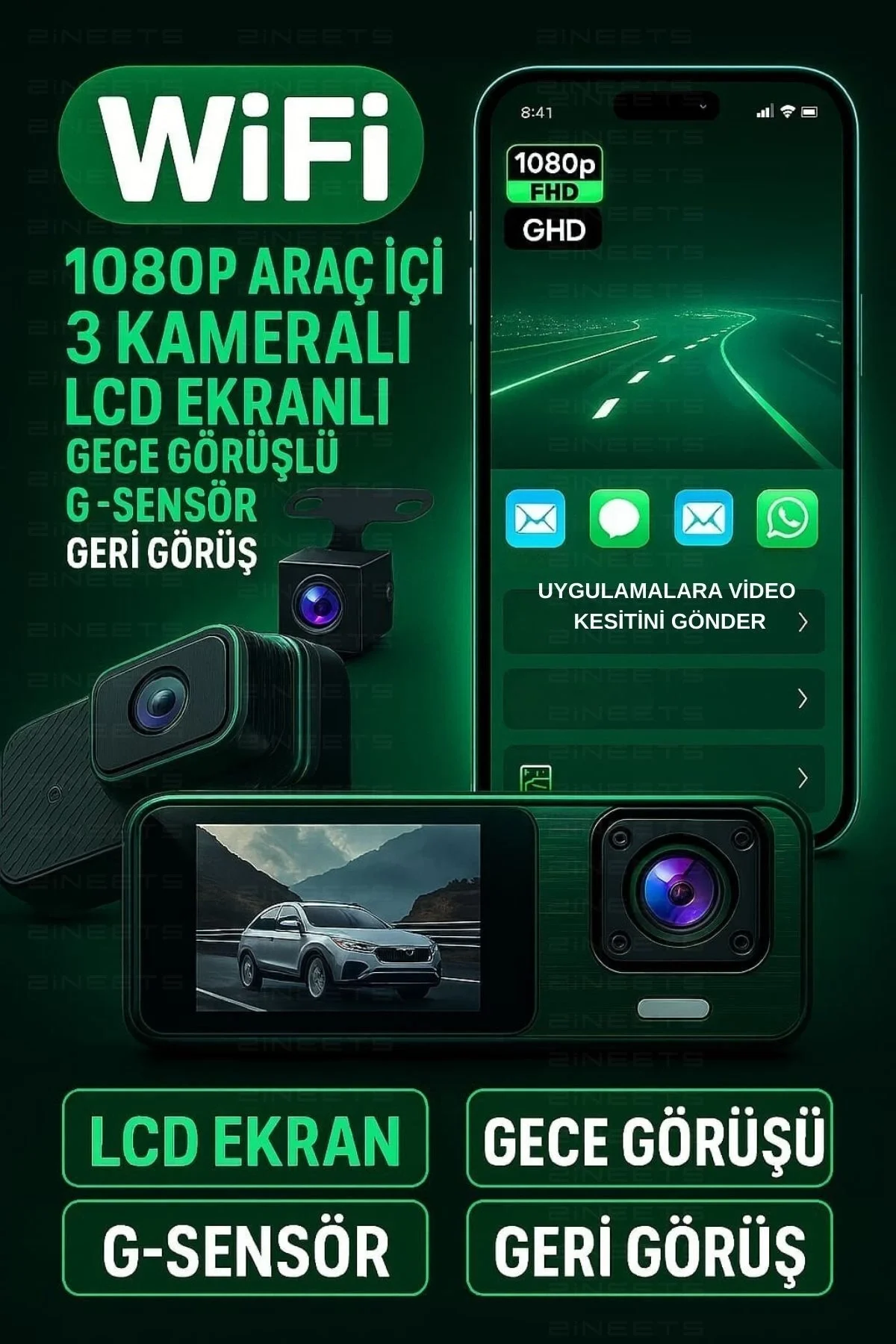 Wifi 1080p Araç içi 3 Kameralı Lcd Ekranlı Gece Görüşlü , G-sensö