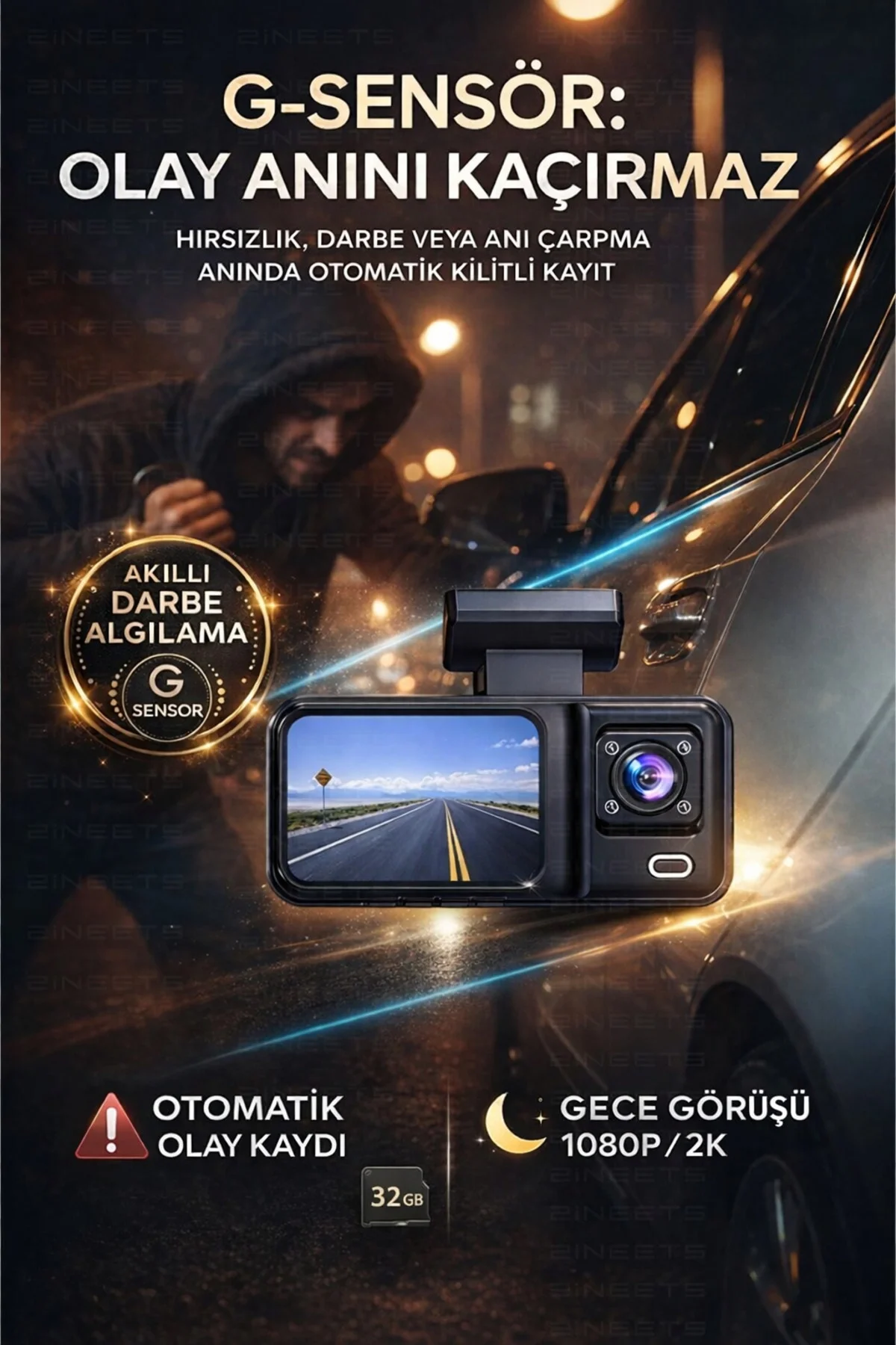 Wifi 1080p Araç içi 3 Kameralı Lcd Ekranlı Gece Görüşlü G-sensör 
