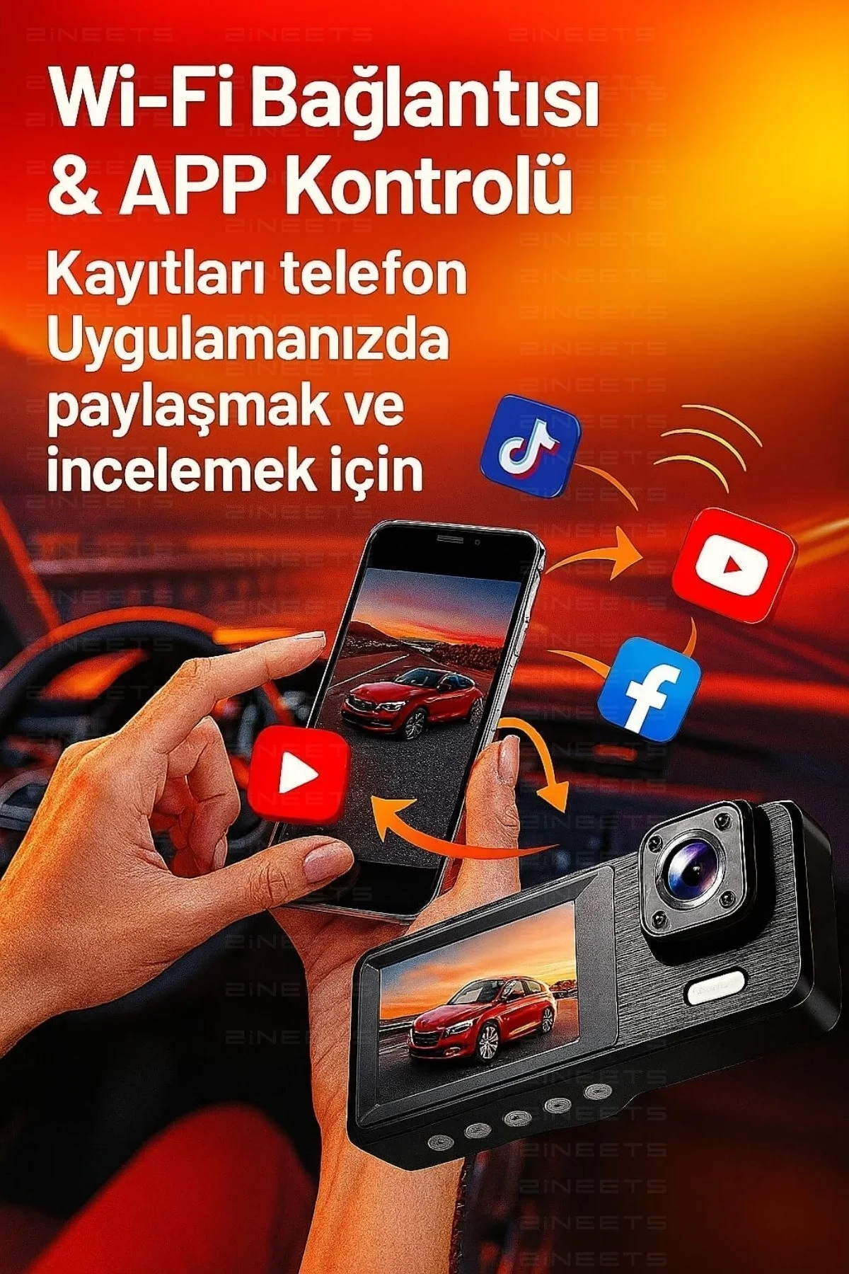 Wifi 1080p Araç içi 3 Kameralı Lcd Ekranlı Gece Görüşlü , G-sensö
