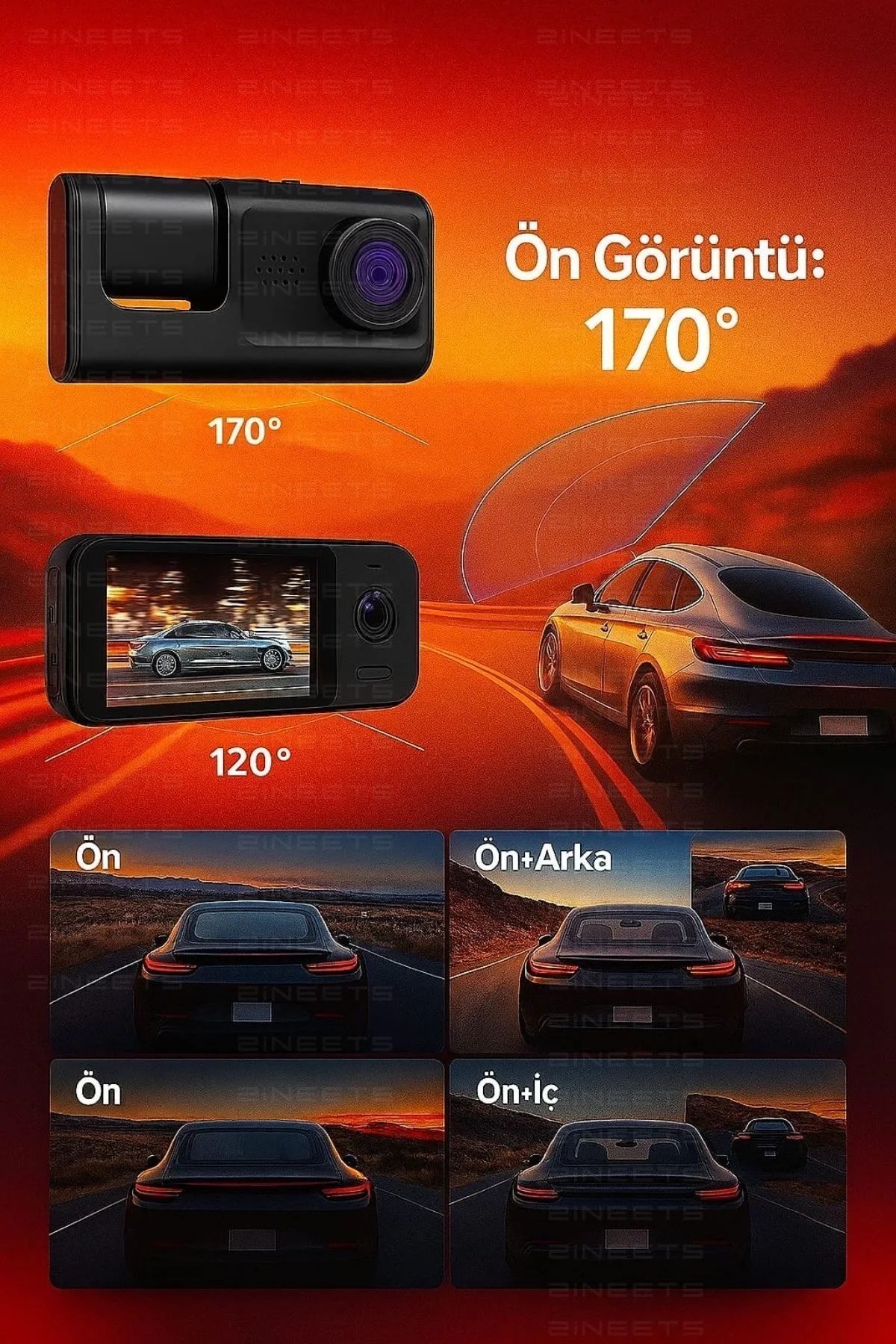Wifi 1080p Araç içi 3 Kameralı Lcd Ekranlı Gece Görüşlü , G-sensör , Geri Görüş Kamera