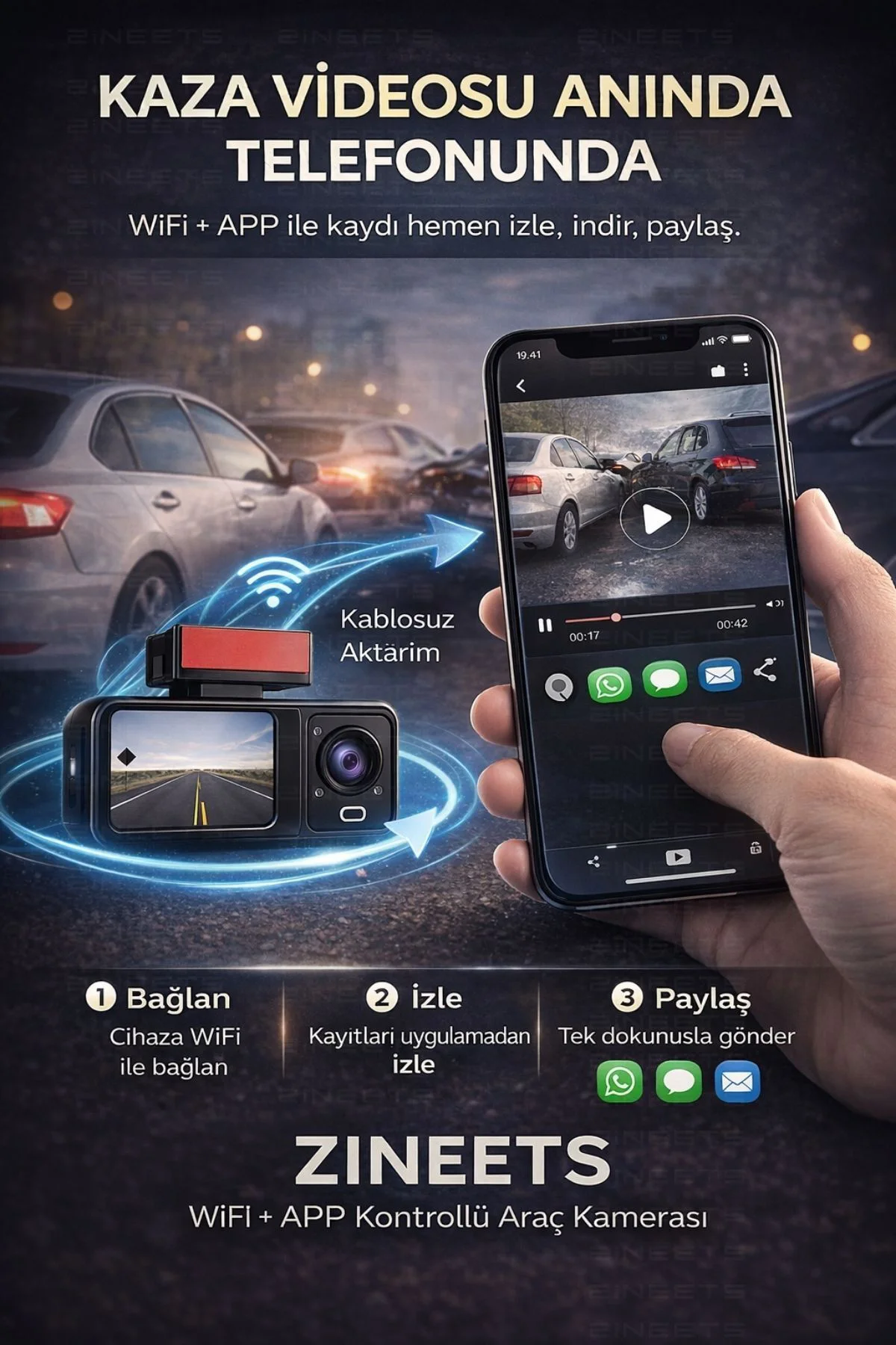 Wifi 1080p Araç içi 3 Kameralı Lcd Ekranlı Gece Görüşlü G-sensör 