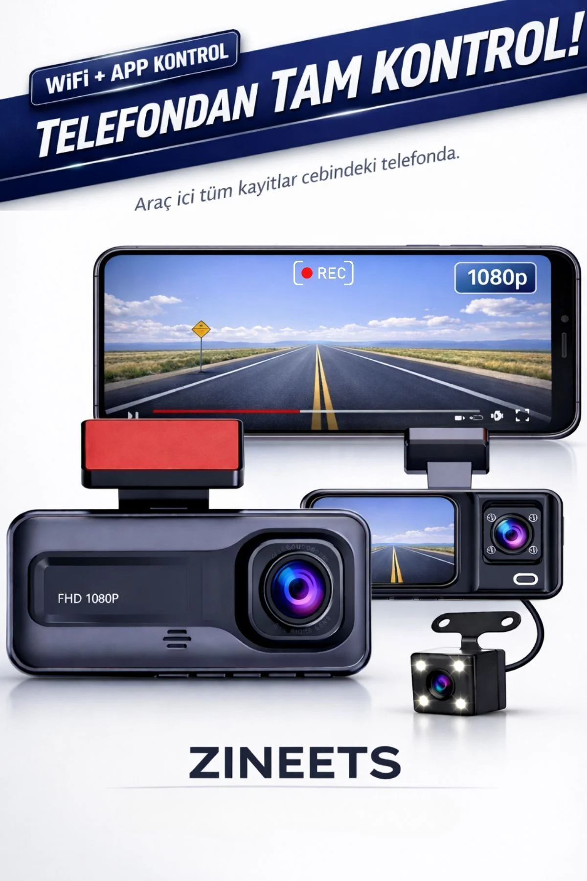 Wifi 1080p Araç içi 3 Kameralı Lcd Ekranlı Gece Görüşlü G-sensör 