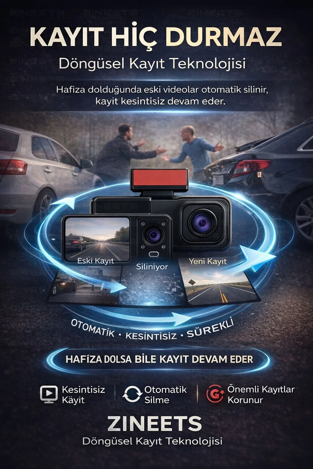 Wifi 1080p Araç içi 3 Kameralı Lcd Ekranlı Gece Görüşlü G-sensör 