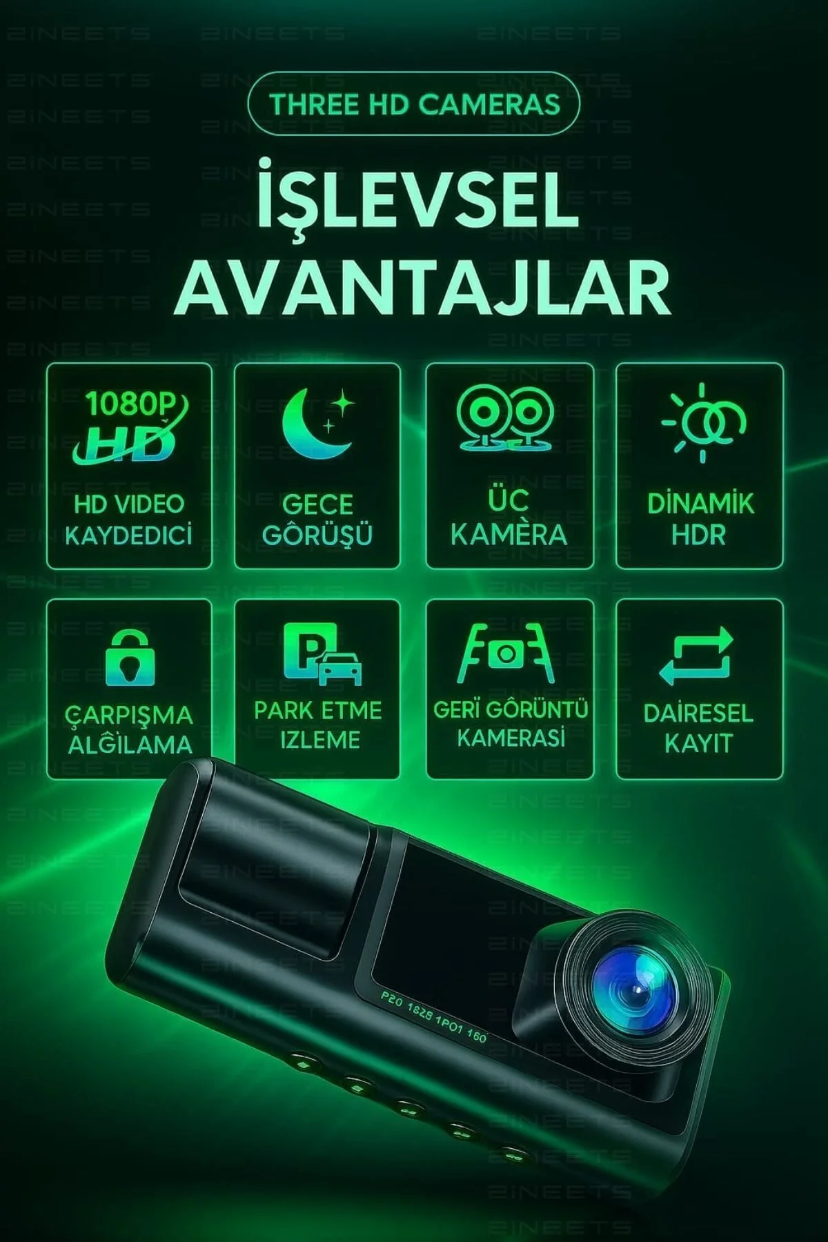Wifi 1080p Araç içi 3 Kameralı Lcd Ekranlı Gece Görüşlü , G-sensö