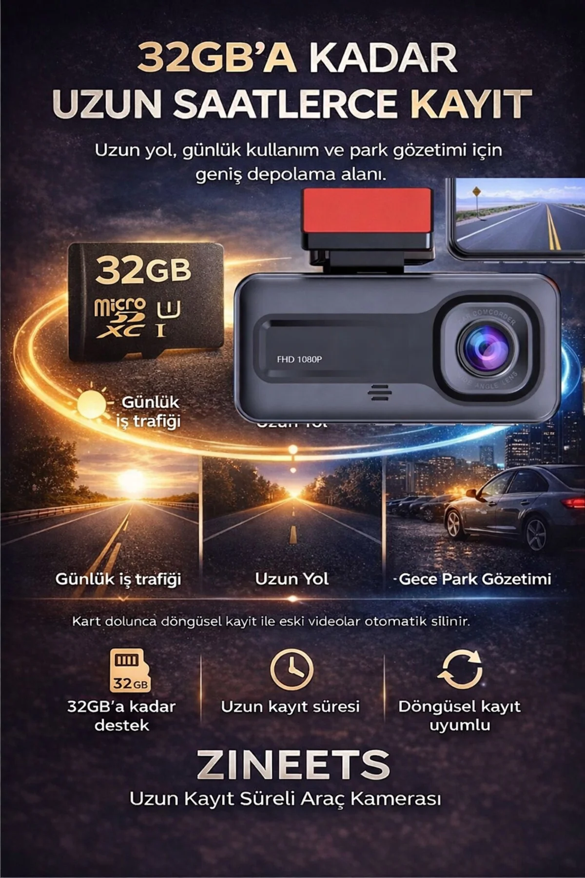 Wifi 1080p Araç içi 3 Kameralı Lcd Ekranlı Gece Görüşlü G-sensör 
