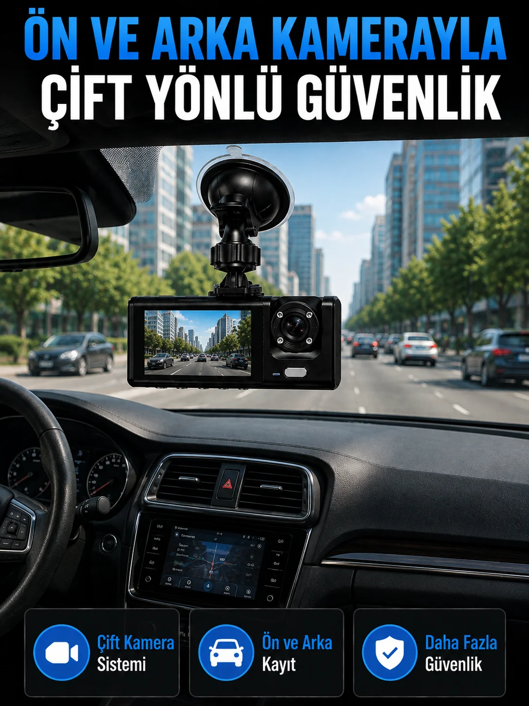 WiFi Çift Kameralı Araç İçi Kayıt Kamerası 1080P Full HD 170° Geniş Açılı Araç Kamerası