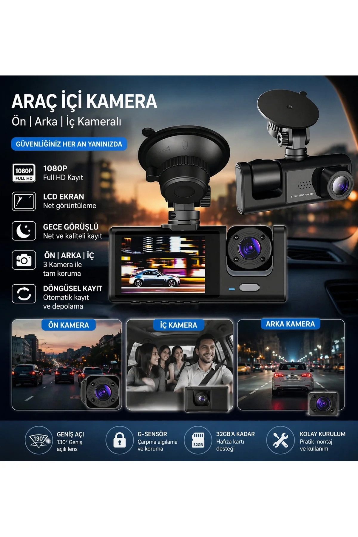 WiFi Destekli 1080p 3 Kameralı Araç İçi Kamera LCD Ekranlı Gece Görüşlü G Sensörlü