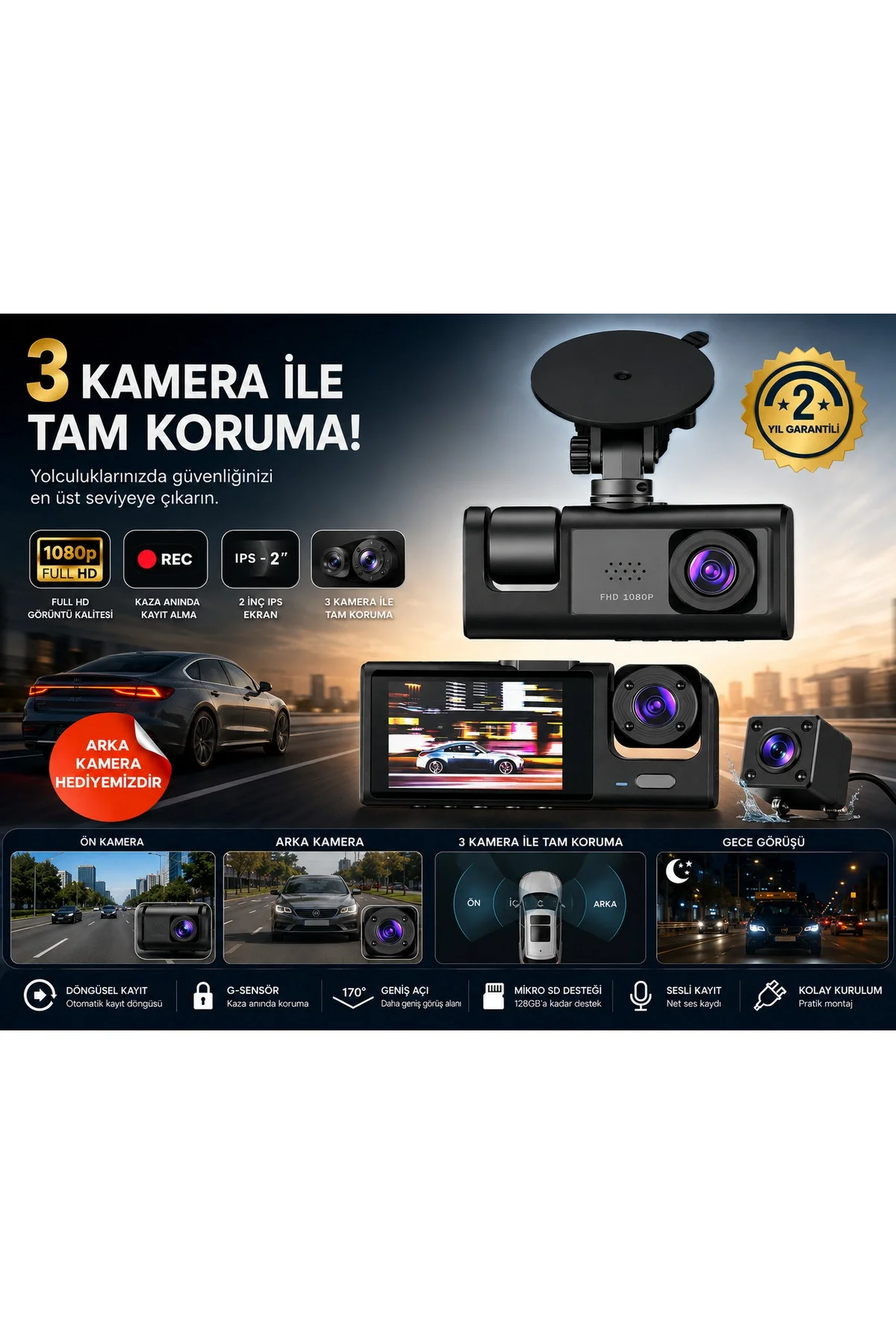 WiFi Destekli 1080p 3 Kameralı Araç İçi Kamera LCD Ekranlı Gece Görüşlü G Sensörlü