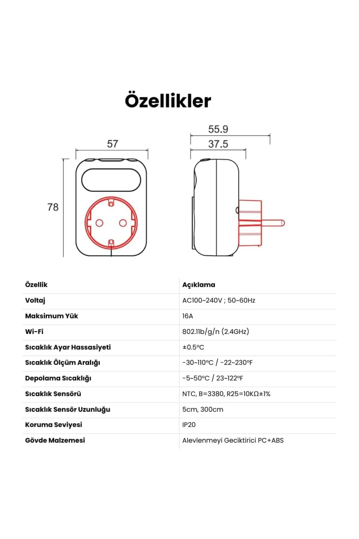 WiFi Priz Tipi Harici Su Geçirmez Sensörlü Termostat (Tuya,Smart Life Uyumlu)