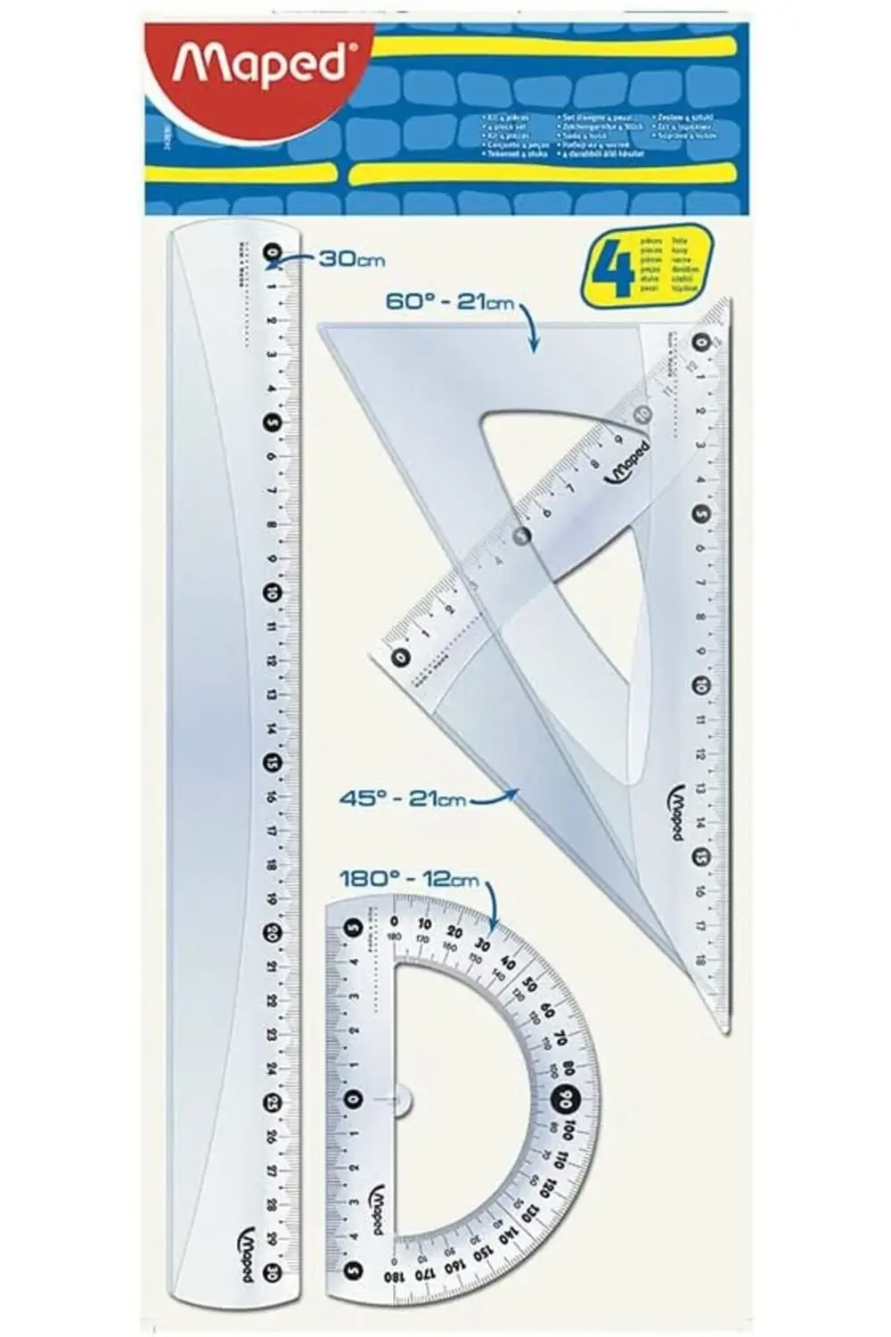 WIGO set cetvelli, 30 cm, 2 üçgen 21 cm, açı ölçer, 12 cm, B 3955