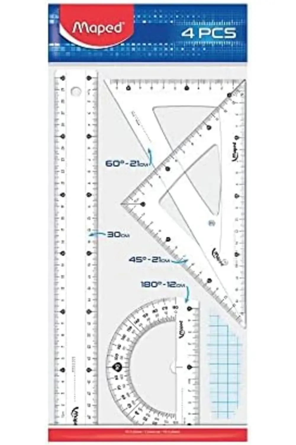 WIGO set cetvelli, 30 cm, 2 üçgen 21 cm, açı ölçer, 12 cm, B 3955