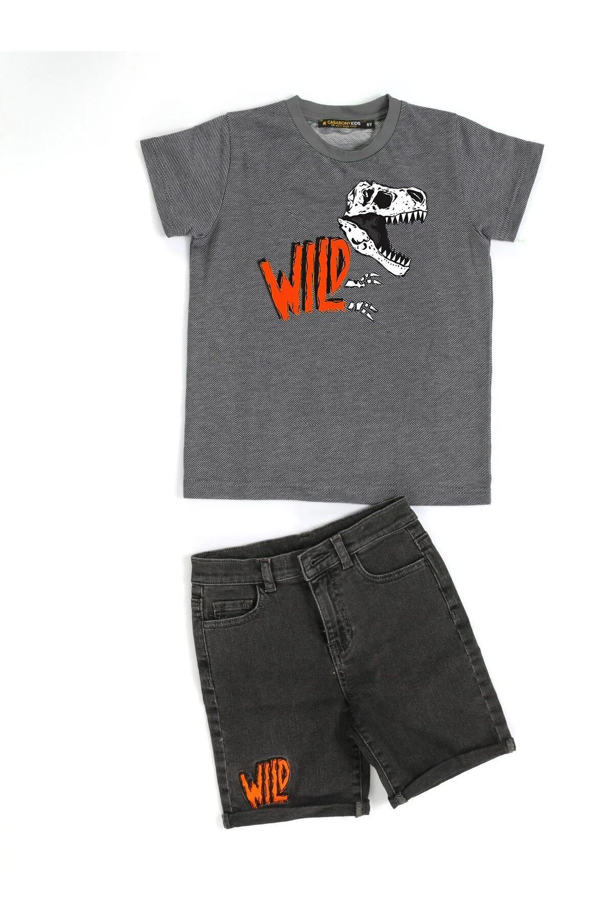 Wild Dino Gri Denim Şort + T-Shirt Takım Beden: 6 Yaş