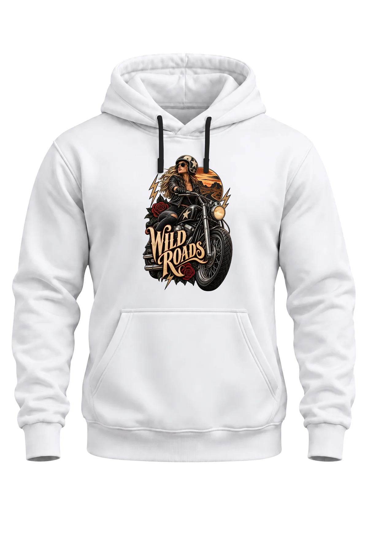Wild Roads Motosiklet Baskılı Unisex Regular Kalıp 3 İplik Kalın Kapüşonlu Sweatshirt