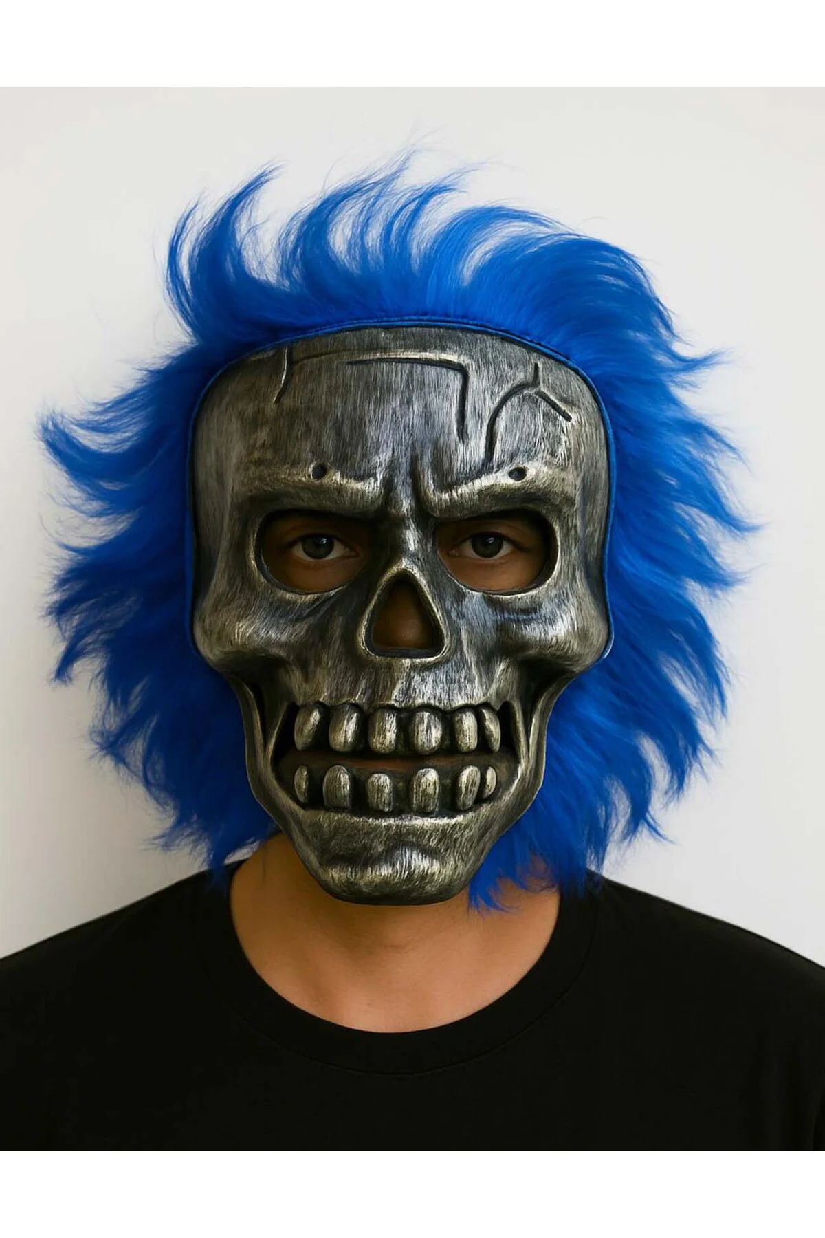 Wild Skull - Gümüş Kafatası Mavi Saçlı İskelet Maske (5060) Wild Skull - Gümüş Kafatası Mavi Saçlı İskelet Maske (5060)