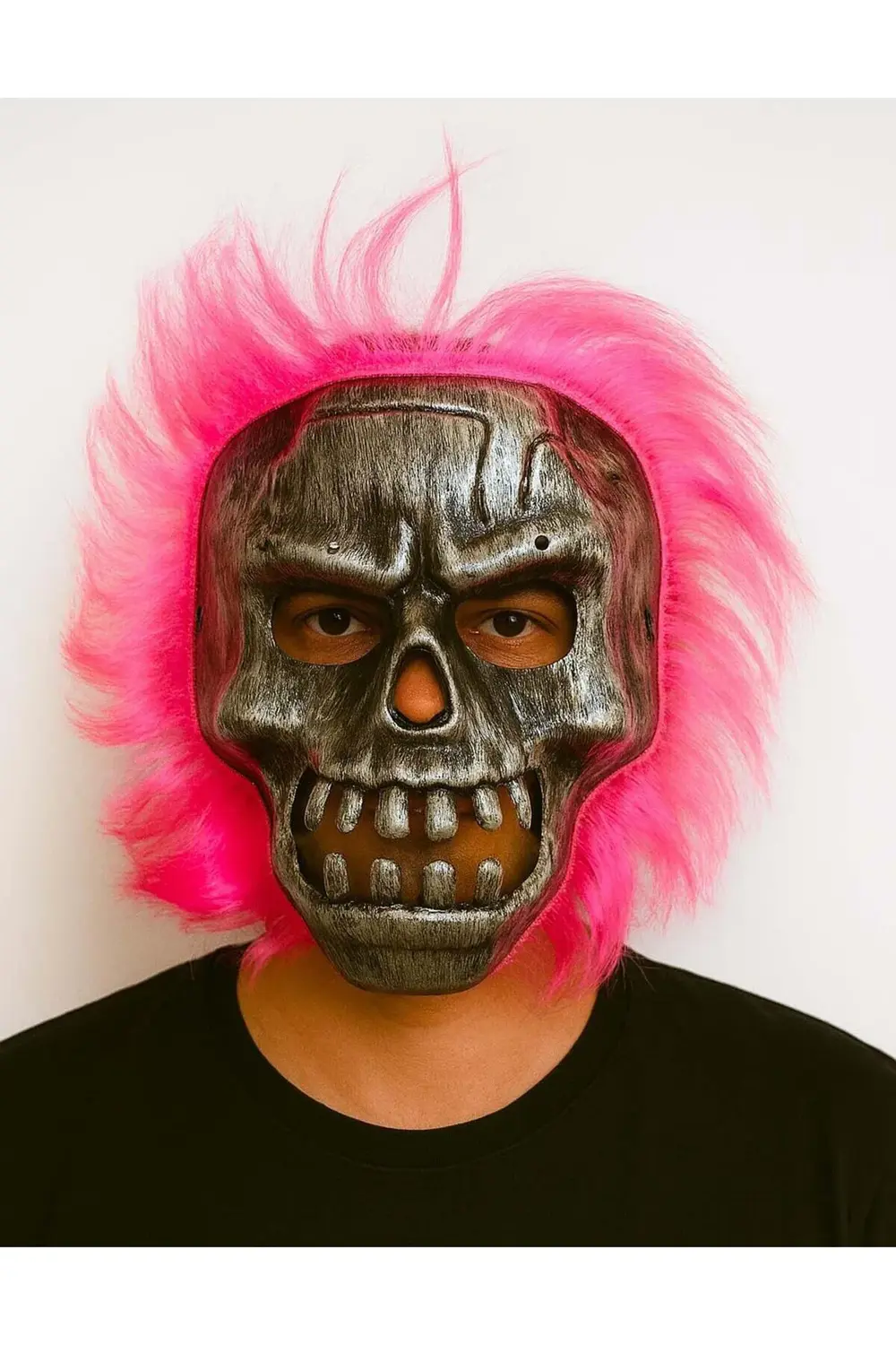Wild Skull - Gümüş Kafatası Pembe Saçlı İskelet Maske