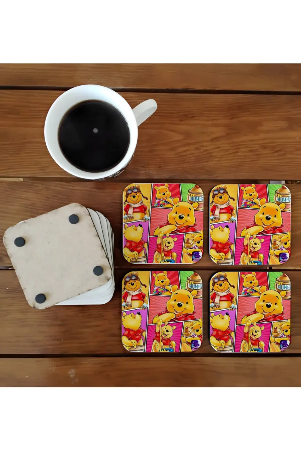 Winnie the pooh bal kavonozu çizgi karakter ahşap bardak altlığı