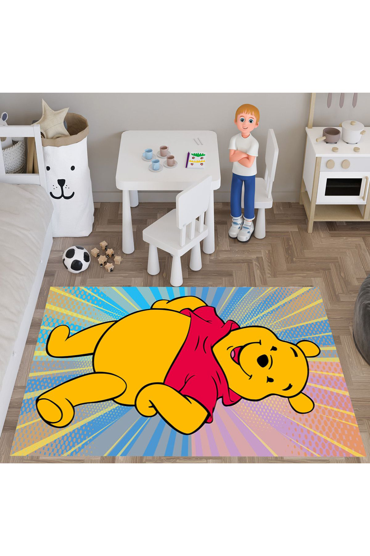 Evan Home Winnie The Pooh Desenli  Dijital Baskı Yıkanabilir Kaymaz Taban Çocuk Odası Halısı