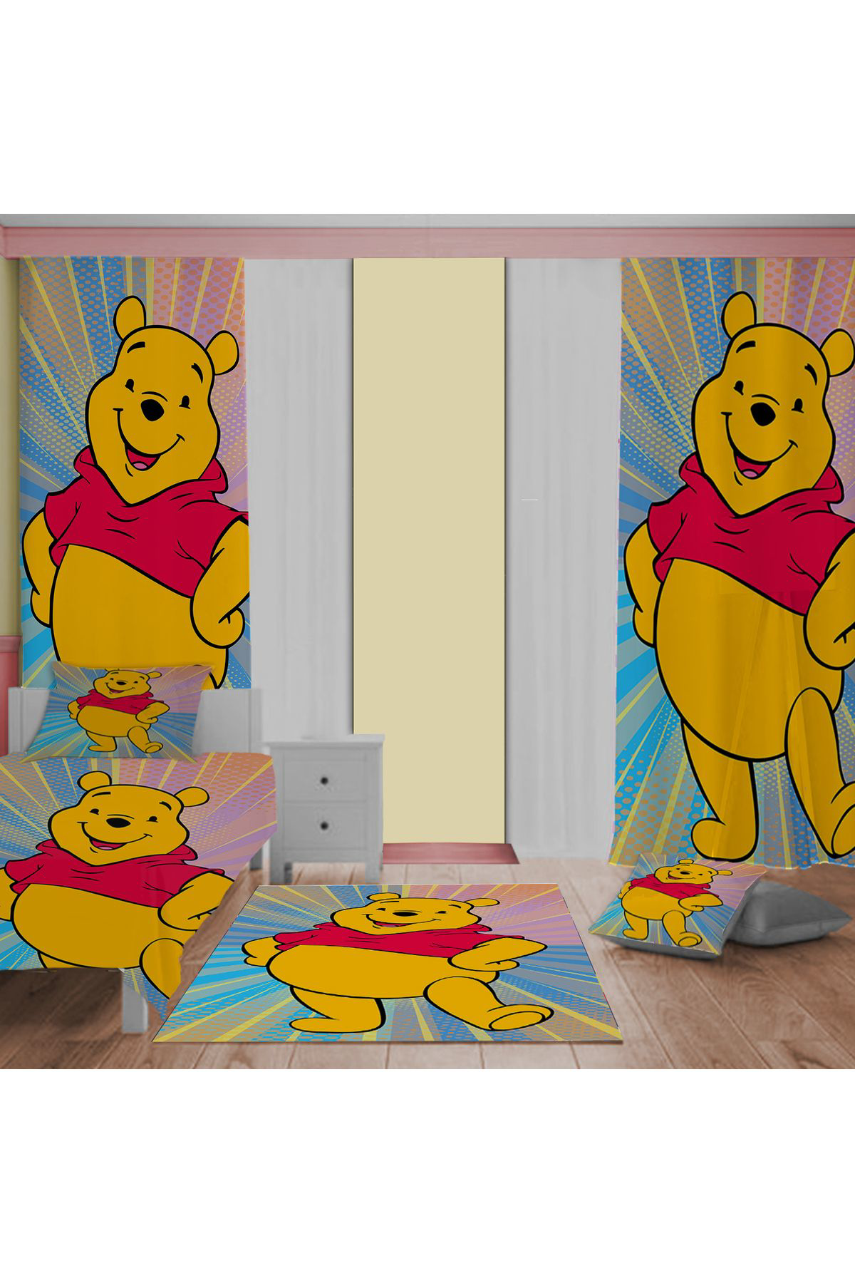 Evan Home Winnie The Pooh Desenli Çocuk Odası Takım Perde (İki Kanat),Yatak Örtüsü,Yastık,Kırlent ,Halı