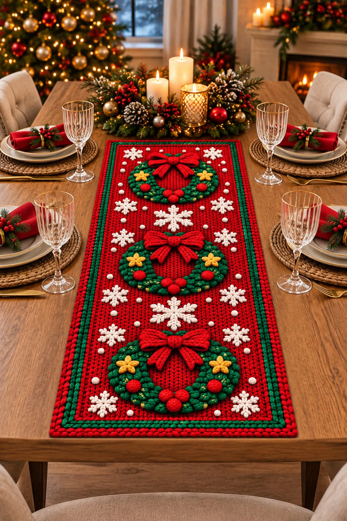Winter Garland Yılbaşı Runner Soft Kadife Lazer Kesim Kırmızı Yeşil Çelenk ve Kar Tanesi Desenli