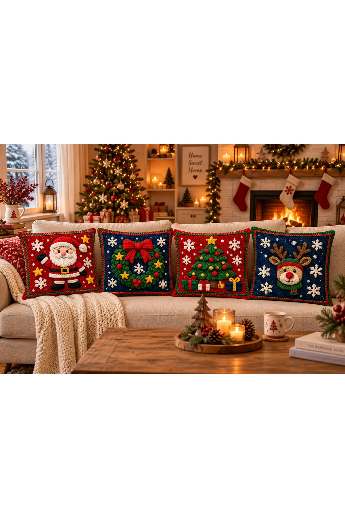 Winter Magic Yılbaşı Çam Ağacı ve Noel Baba Desenli 3D Örgü Görünümlü 4lü Kırlent Kılıfı Seti