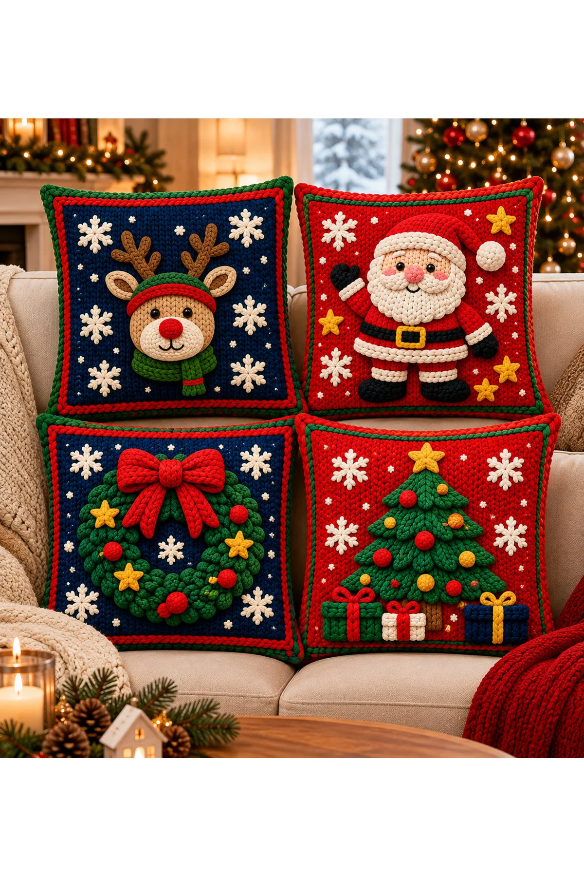 Winter Magic Yılbaşı Çam Ağacı ve Noel Baba Desenli 3D Örgü Görünümlü 4lü Kırlent Kılıfı Seti