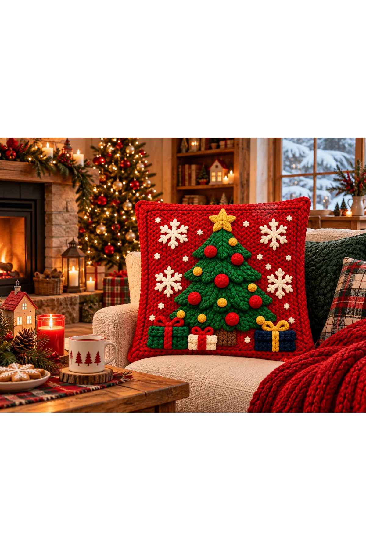Winter Magic Yılbaşı Çam Ağacı ve Noel Baba Desenli 3D Örgü Görünümlü 4lü Kırlent Kılıfı Seti