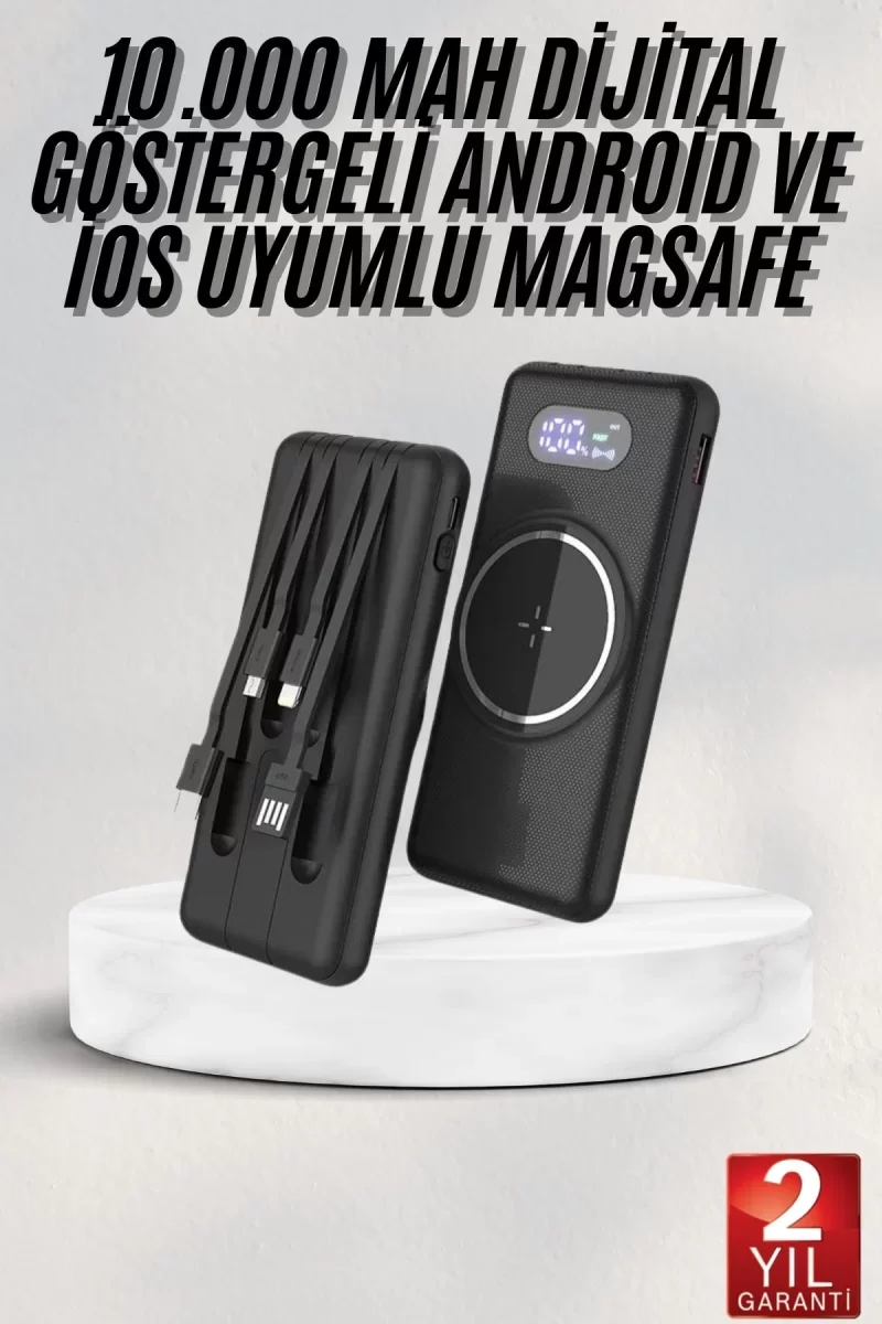 Wireless Powerbank 10000 Mah LED Ekranlı Dahili Kablolu Hızlı Şarj - Lisinya