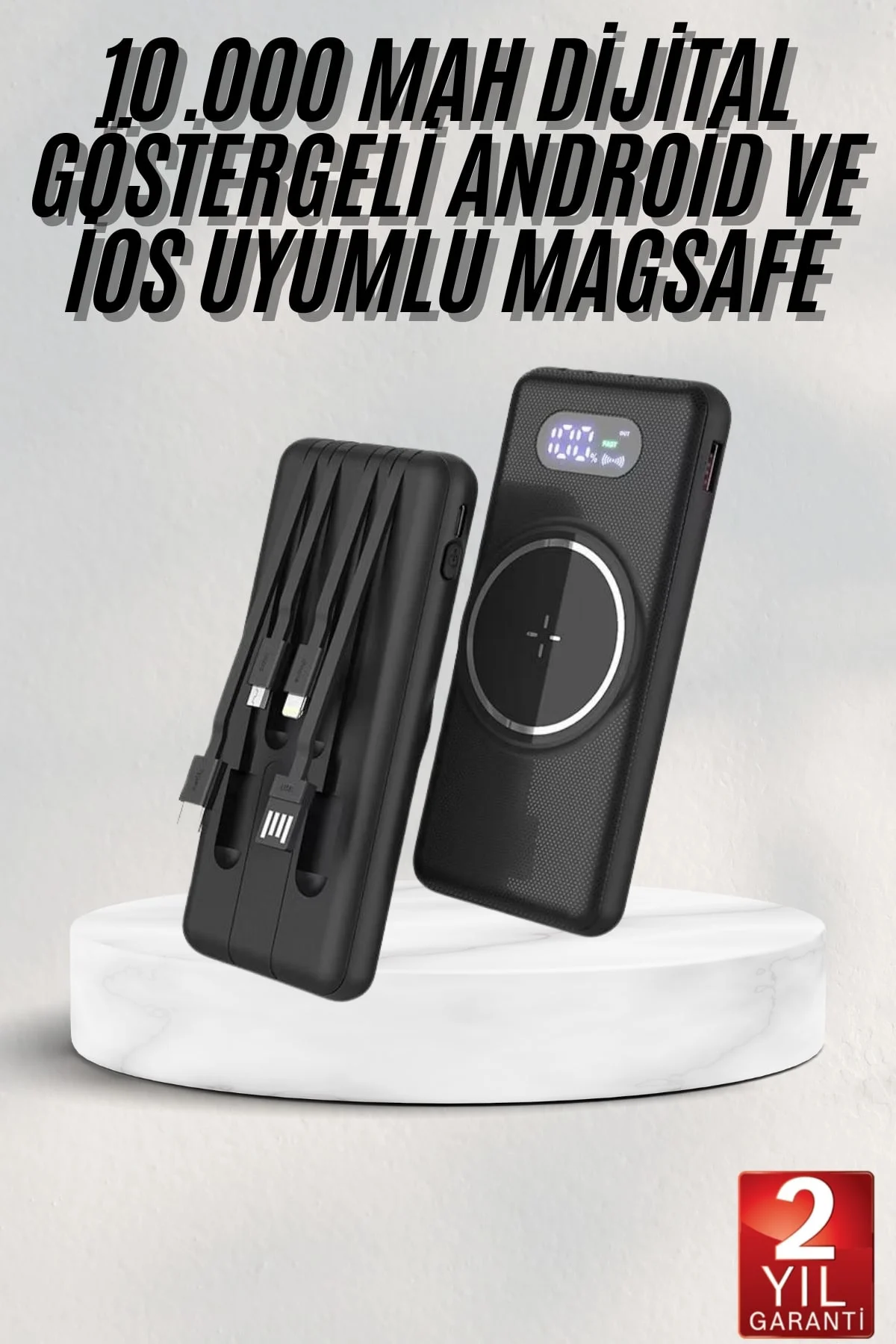 Wireless Powerbank 10000 Mah LED Ekranlı Dahili Kablolu Hızlı Şarj