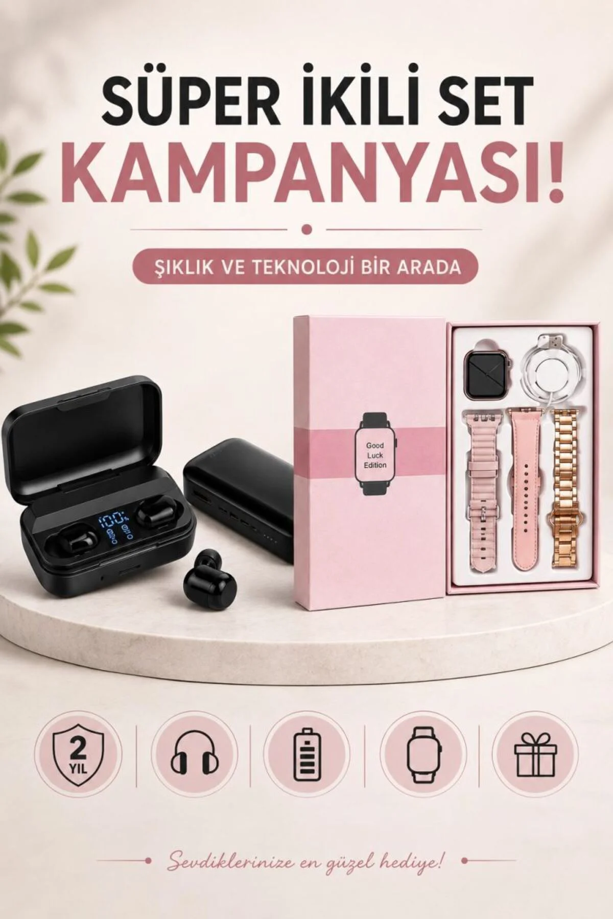 Wireless Şarjlı Pembe Akıllı Saat Ve Kablosuz Bluetooth Kulaklık Dokunmatik Kontrol