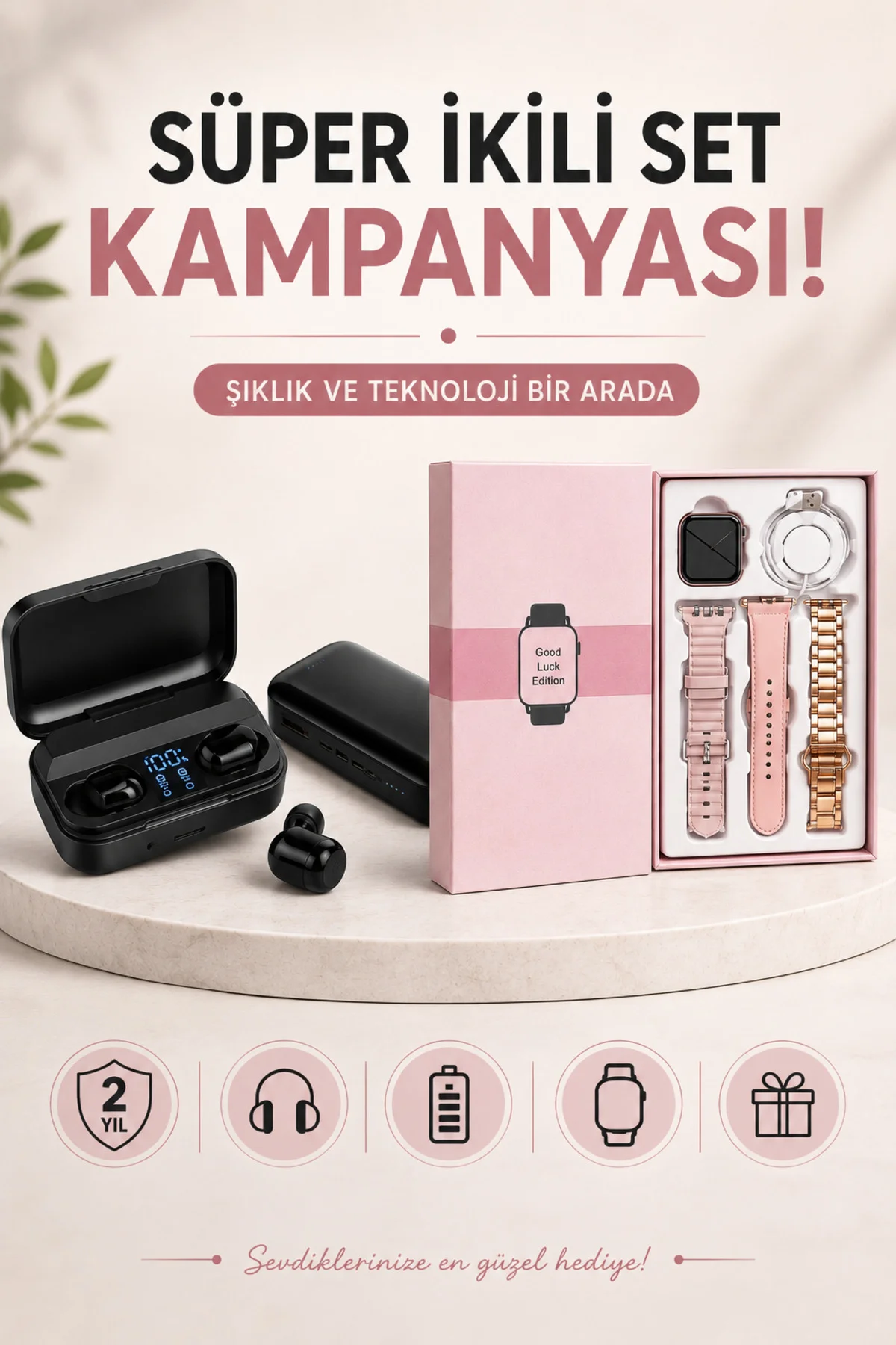 Wireless Şarjlı Pembe Akıllı Saat ve Kablosuz Bluetooth Kulaklık Dokunmatik Kontrol