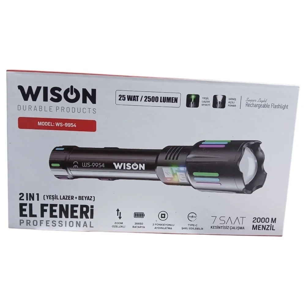Wison Ws-9954 25w Zoomlu Yeşil Lazerli Metal Şarjlı El Feneri Wison Ws-9954 25w Zoomlu Yeşil Lazerli Metal Şarjlı El Feneri