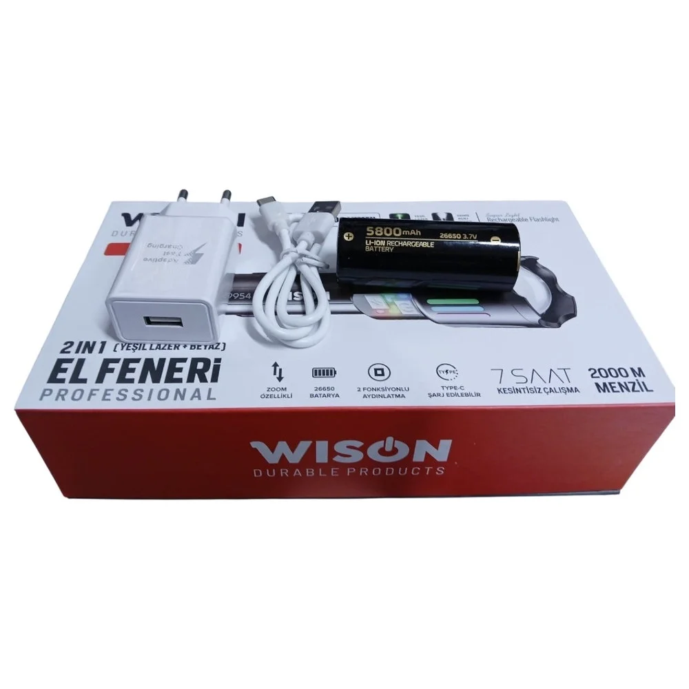 Wison Ws-9954 25w Zoomlu Yeşil Lazerli Metal Şarjlı El Feneri Wison Ws-9954 25w Zoomlu Yeşil Lazerli Metal Şarjlı El Feneri