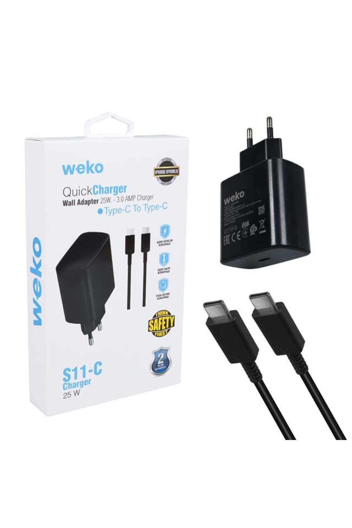 Weko Wk-26523 S11-C 25 Watt Siyah Şarj Başlık Adaptörü + Type-C To Typ