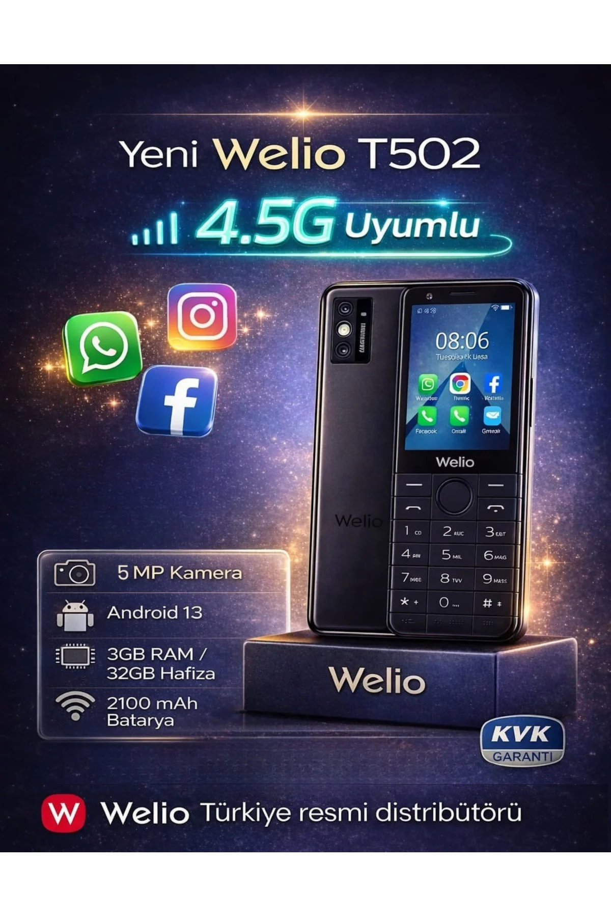 Wkey T502 Dokunmatik Android Tuşlu Kameralı Asker/Yaşlı Cep Telef