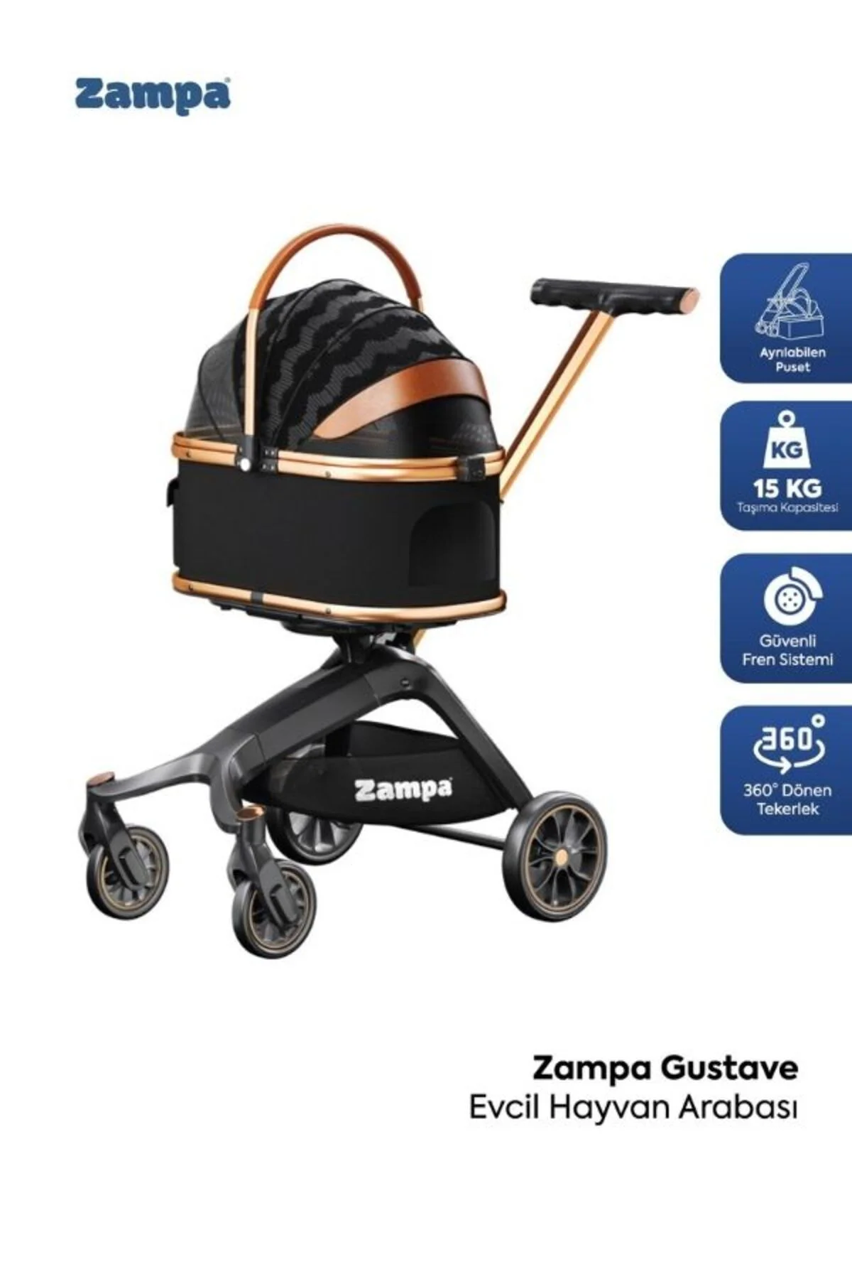 WM06-B Gustave Premium Ayrılabilir Pusetli Kedi & Köpek Arabası Siyah / Rose Gold