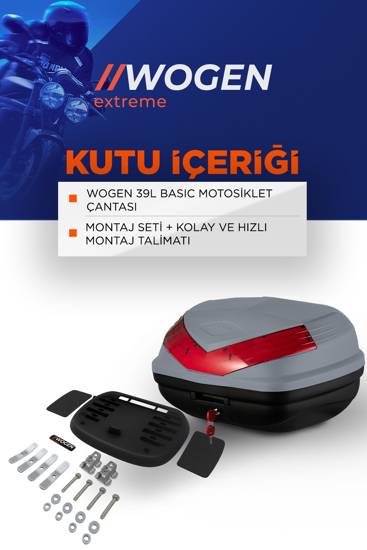 Wogen  Wg39 Basic Arka Çanta 39 Litre (Nardo Gri) + Karbon Dizlik 
