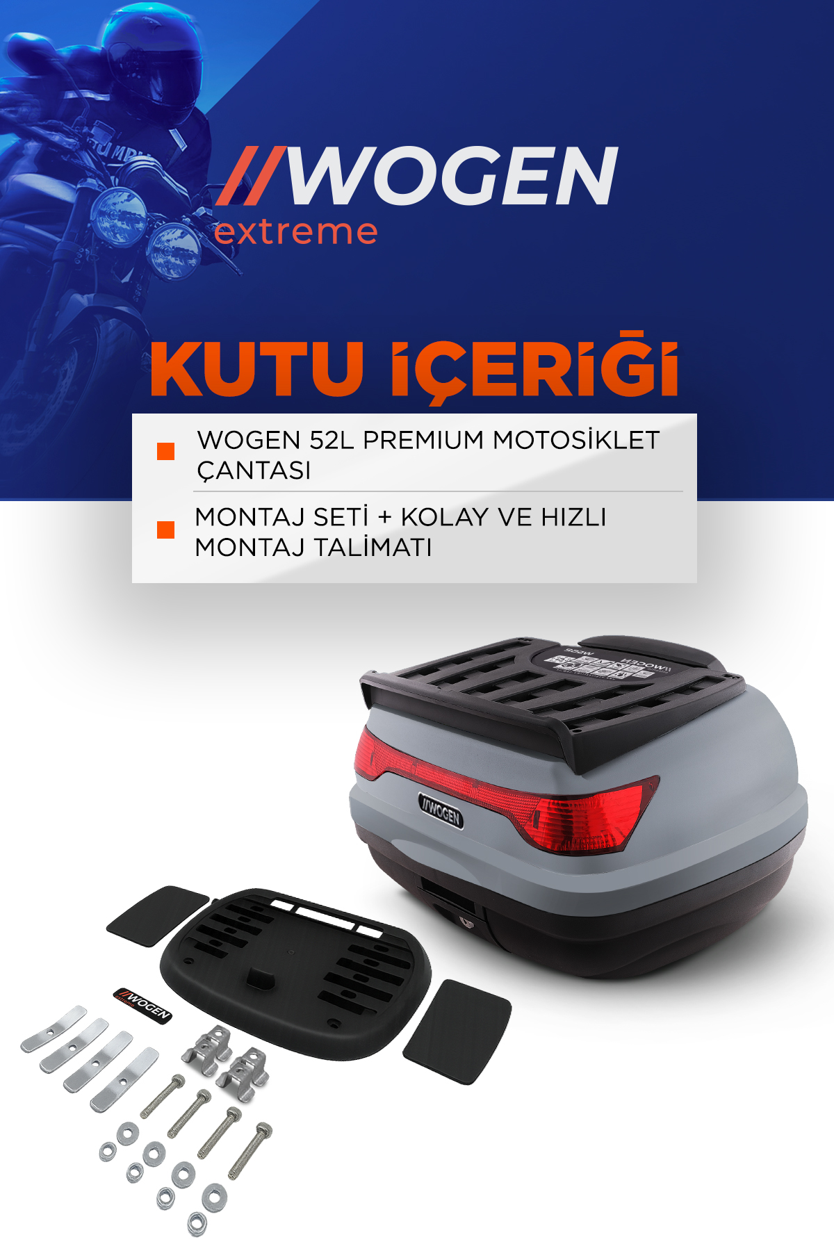 Wogen  Wg52 Premium Arka Çanta 52 Litre (Nardo Gri) + Karbon Dizlik Hediye