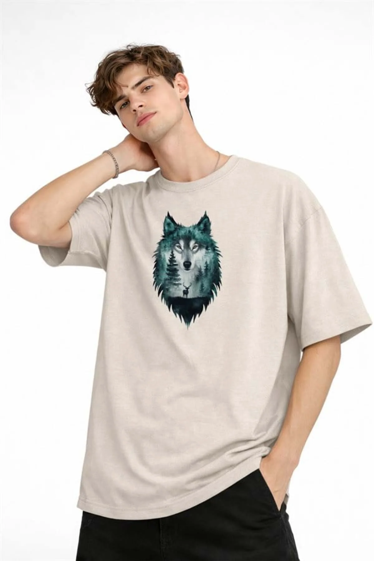Wolf - Oversize Erkek Tişört BEJ - Görsel 4