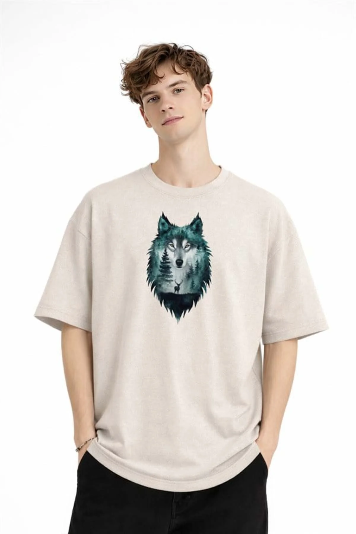 Wolf - Oversize Erkek Tişört BEJ - Görsel 2