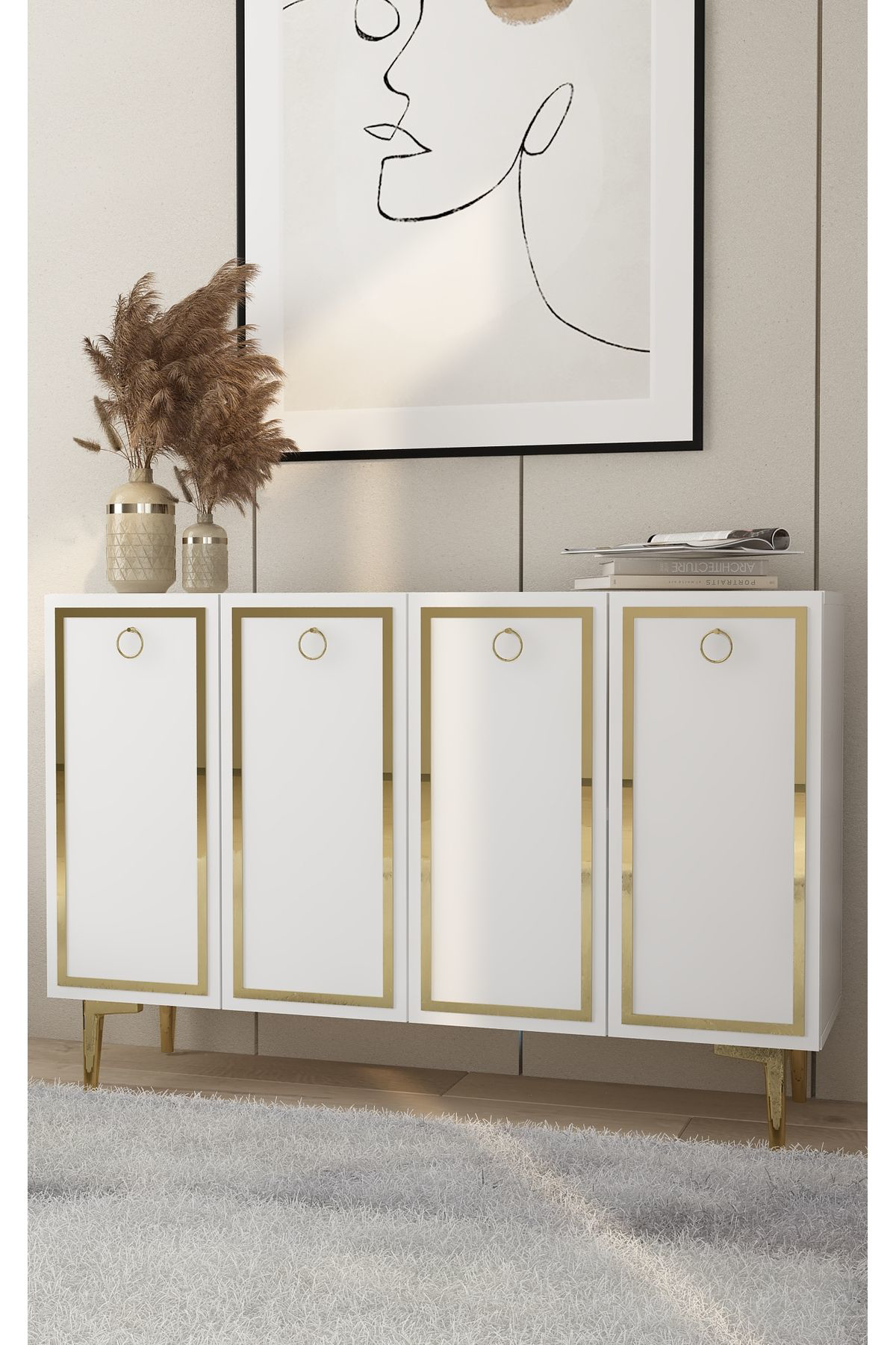 Cantek Dizayn Wollyct (Km120) Konsol,Çok Amaçli Dolap Beyaz-Altin