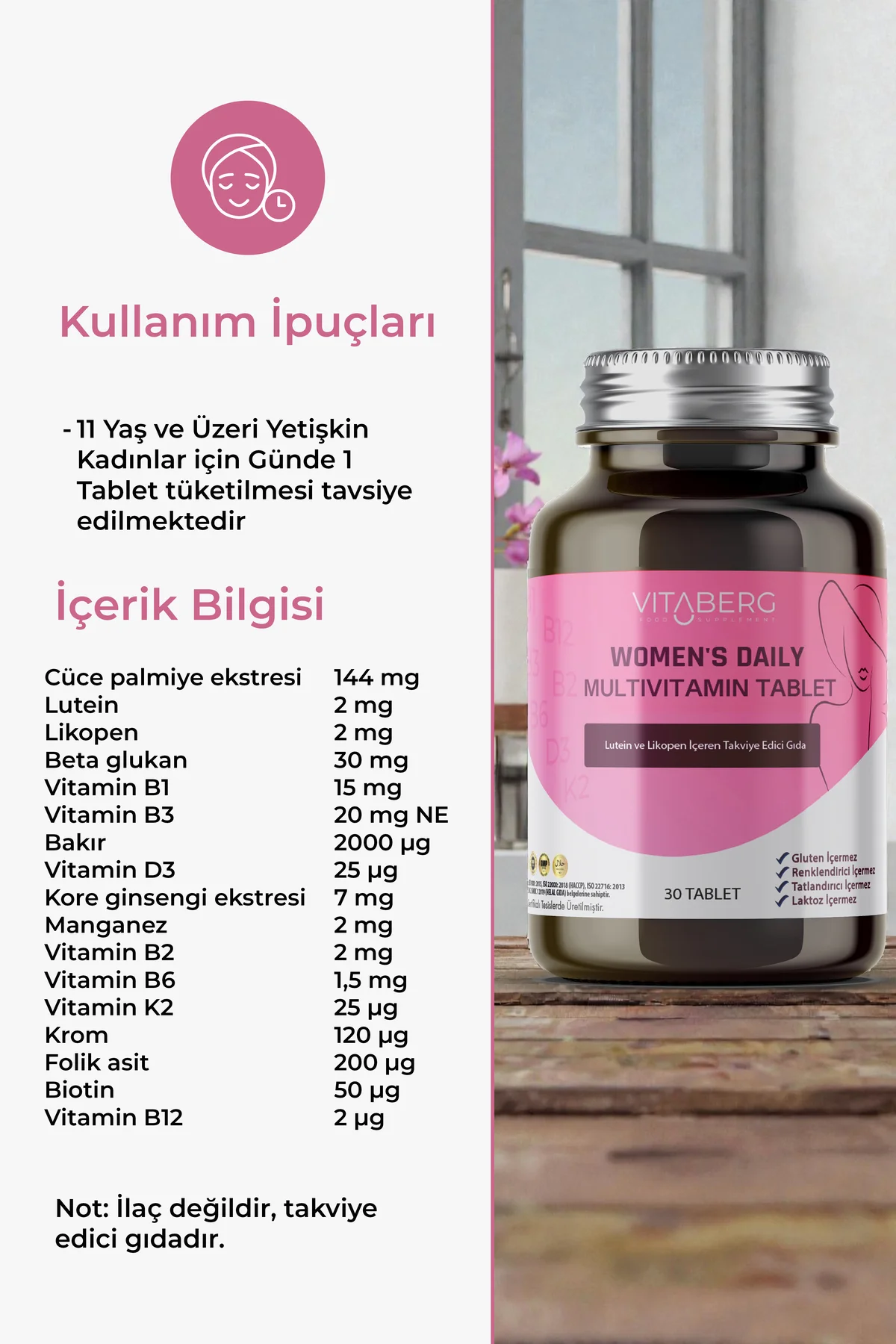 Women’s Daily Multivitamin Tablet | B Vitaminleri, Beta Glukan, L