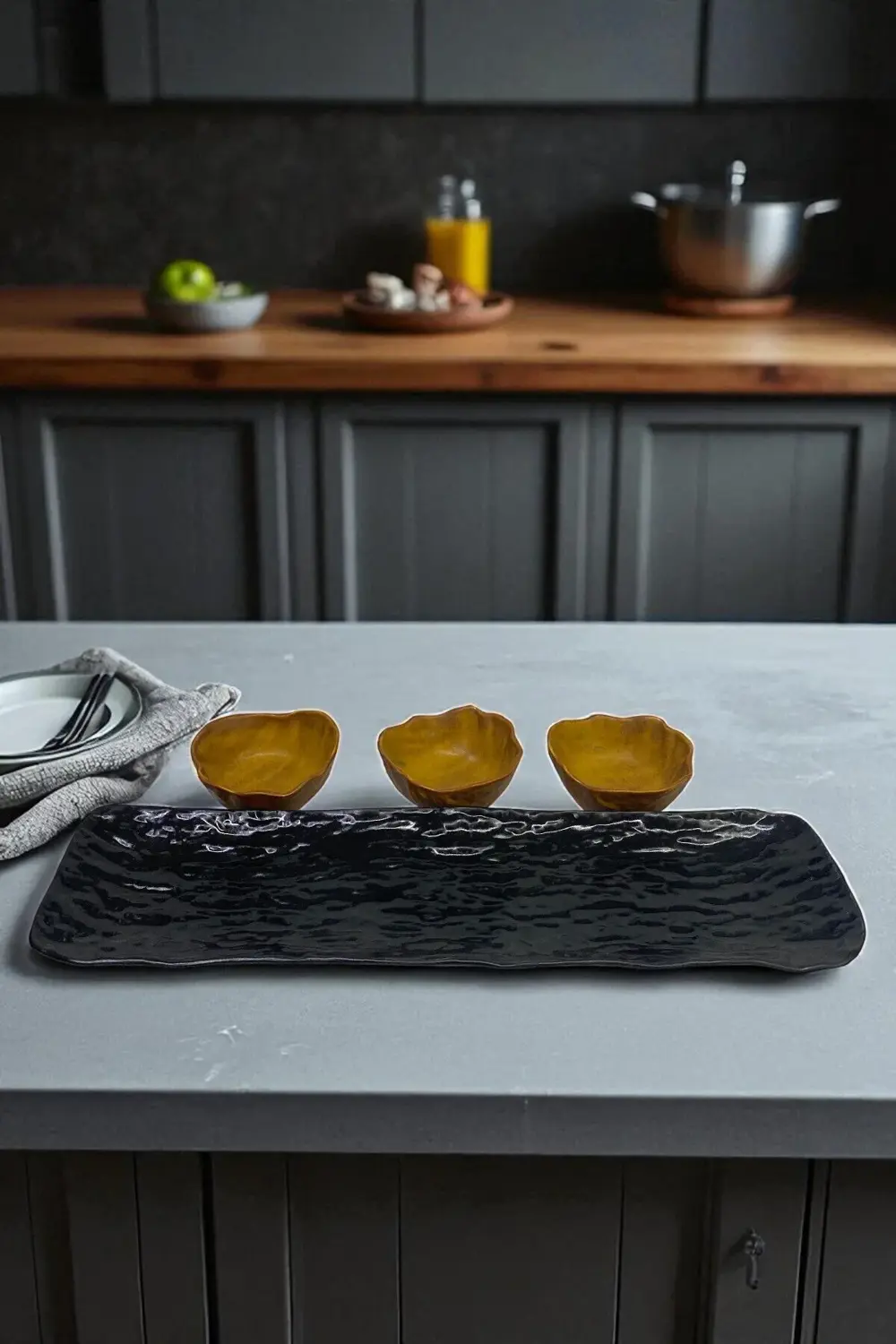 Wood Glam 41cm Porselen Kayık Sunum Tabağı / Porselen Sosluk Kase