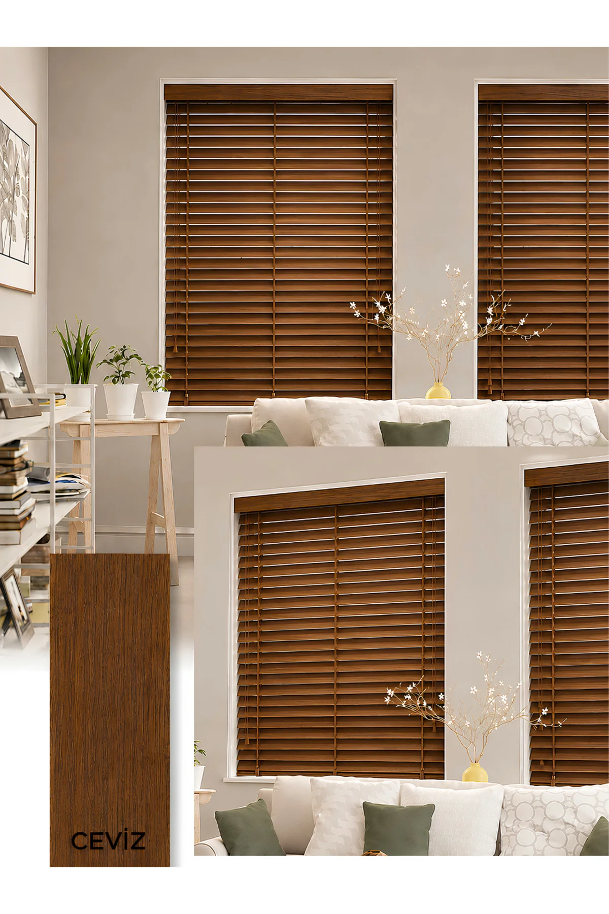 Wooden Blinds %100 Doğal Ahşap Jaluzi Perde 50mm,Alüminyum Kasalı Yüksek Kaliteli - Ceviz Mİ/508PW