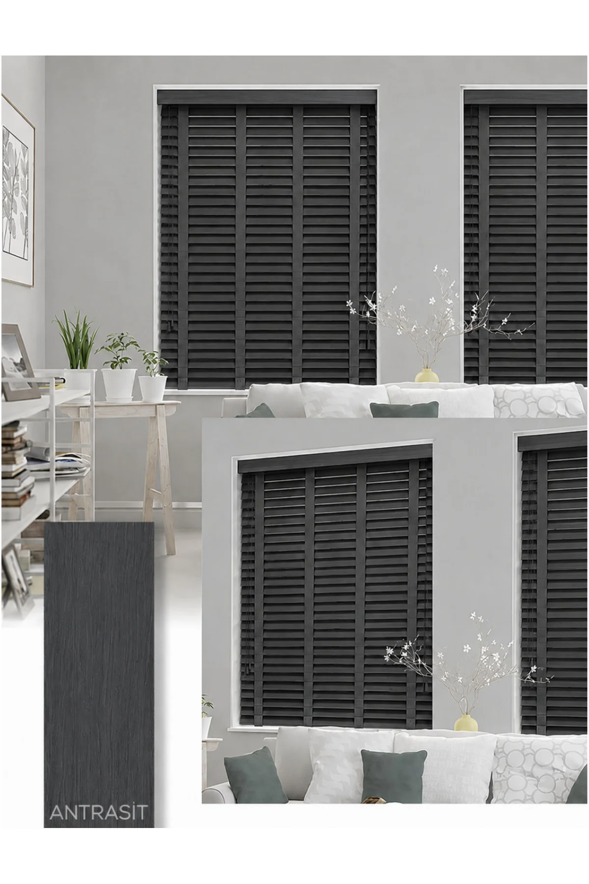 Wooden Blinds %100 Doğal Ahşap Jaluzi Perde 50mm,Alüminyum Kasalı Yüksek Kaliteli - Antrasit / 06PWB
