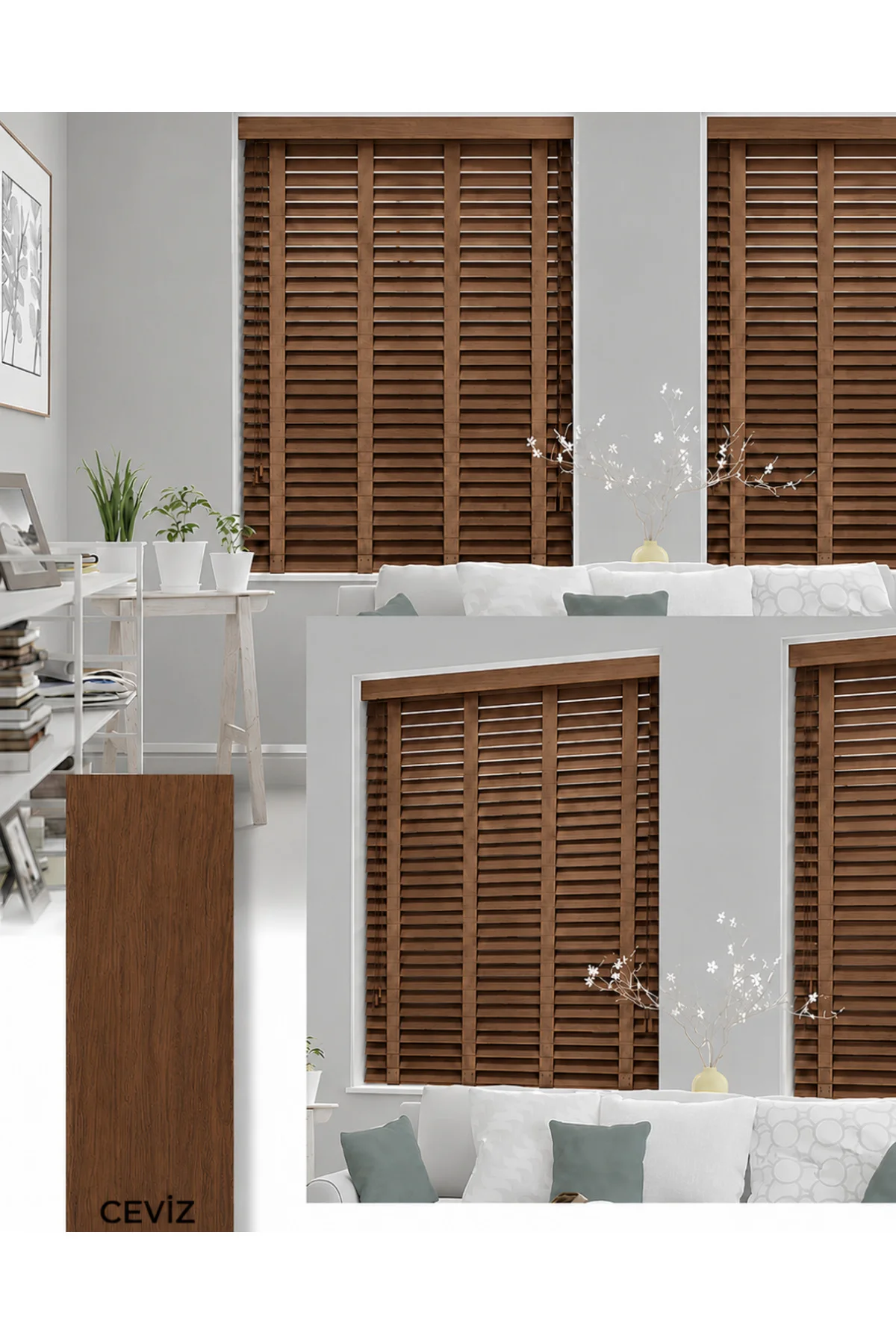 Wooden Blinds %100 Doğal Ahşap Jaluzi Perde 50mm,Alüminyum Kasalı Yüksek Kaliteli - Ceviz /W508PWB