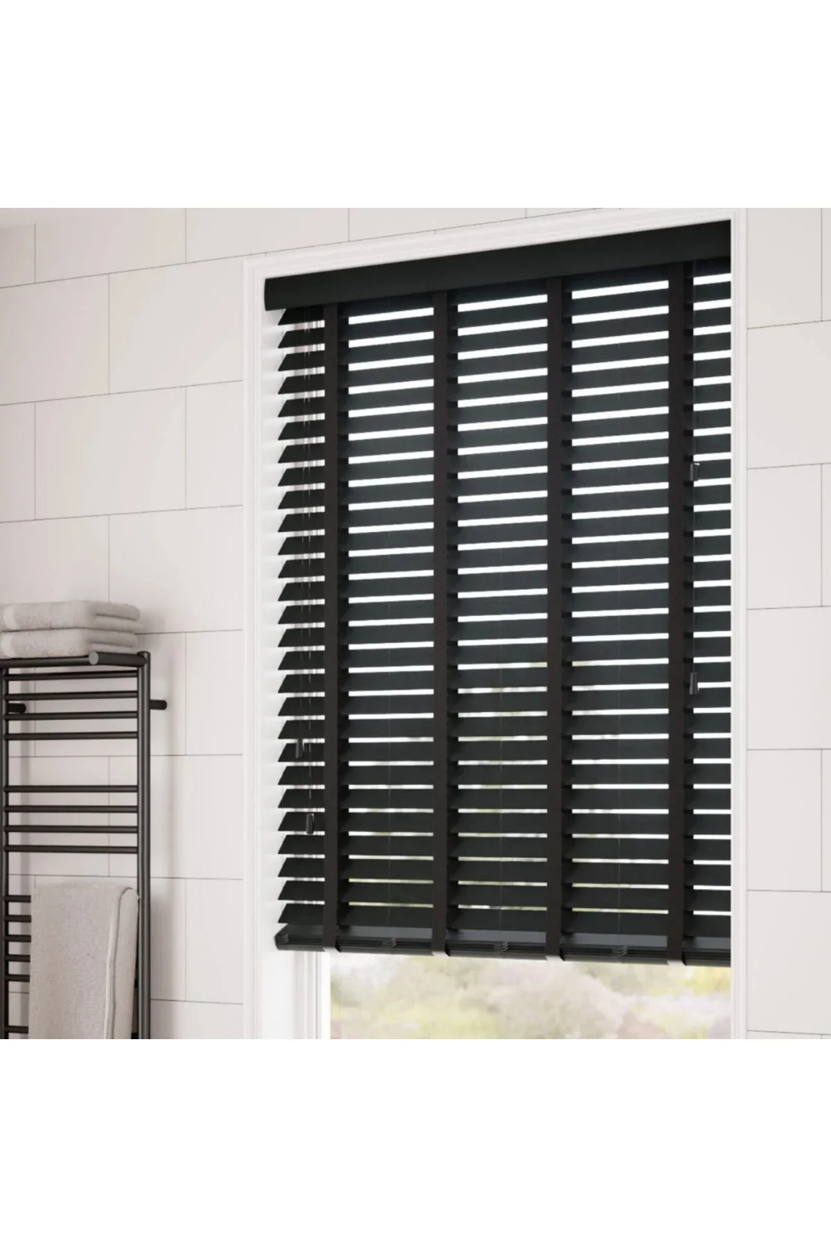 Wooden Blinds %100 Doğal Ahşap Jaluzi Perde 50mm, Alüminyum Kasalı Yüksek Kaliteli - SİYAH (KURDELALI) XQ003PW